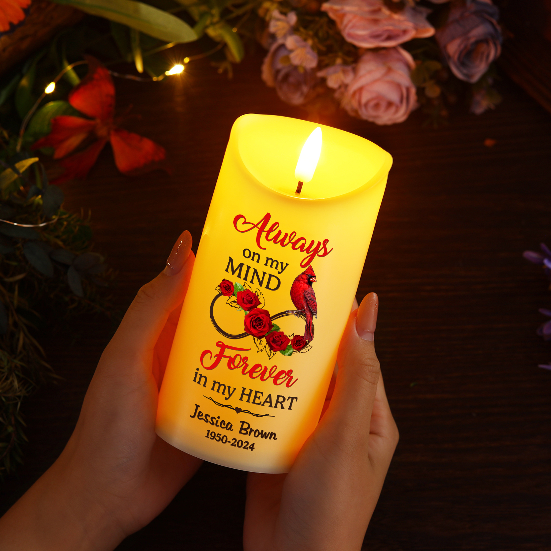 Personalised Cardinal & Infinity LED Candle Custom Name & Year Christmas Gift