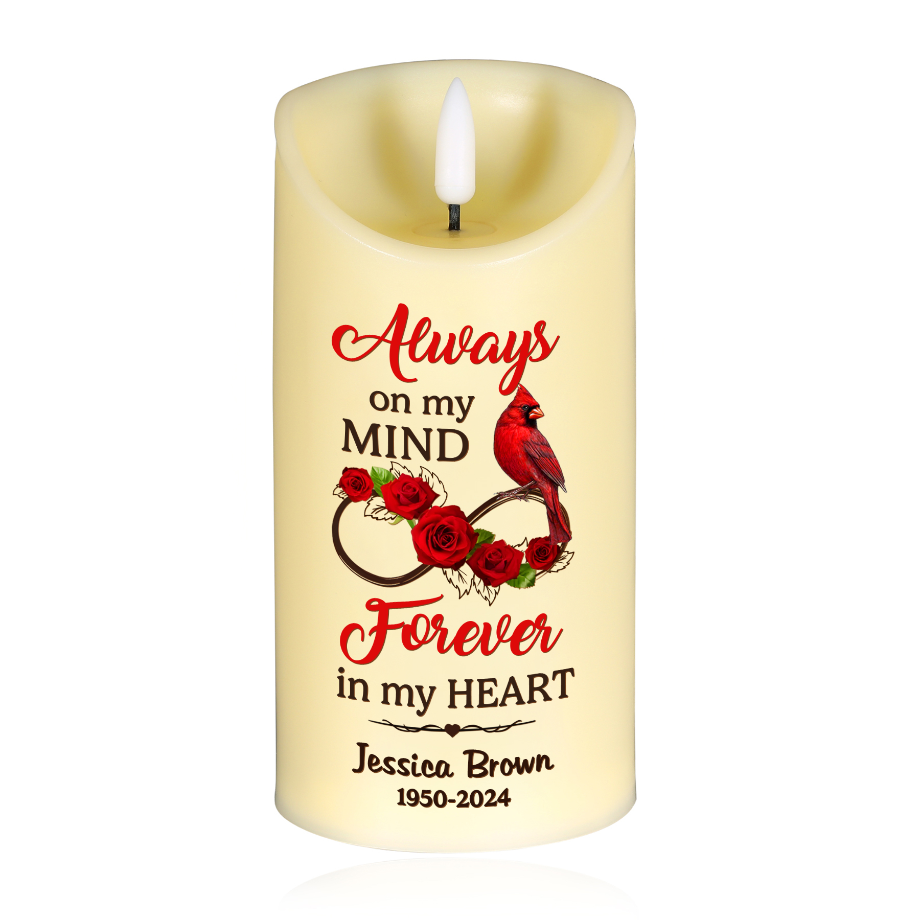 Personalised Cardinal & Infinity LED Candle Custom Name & Year Christmas Gift