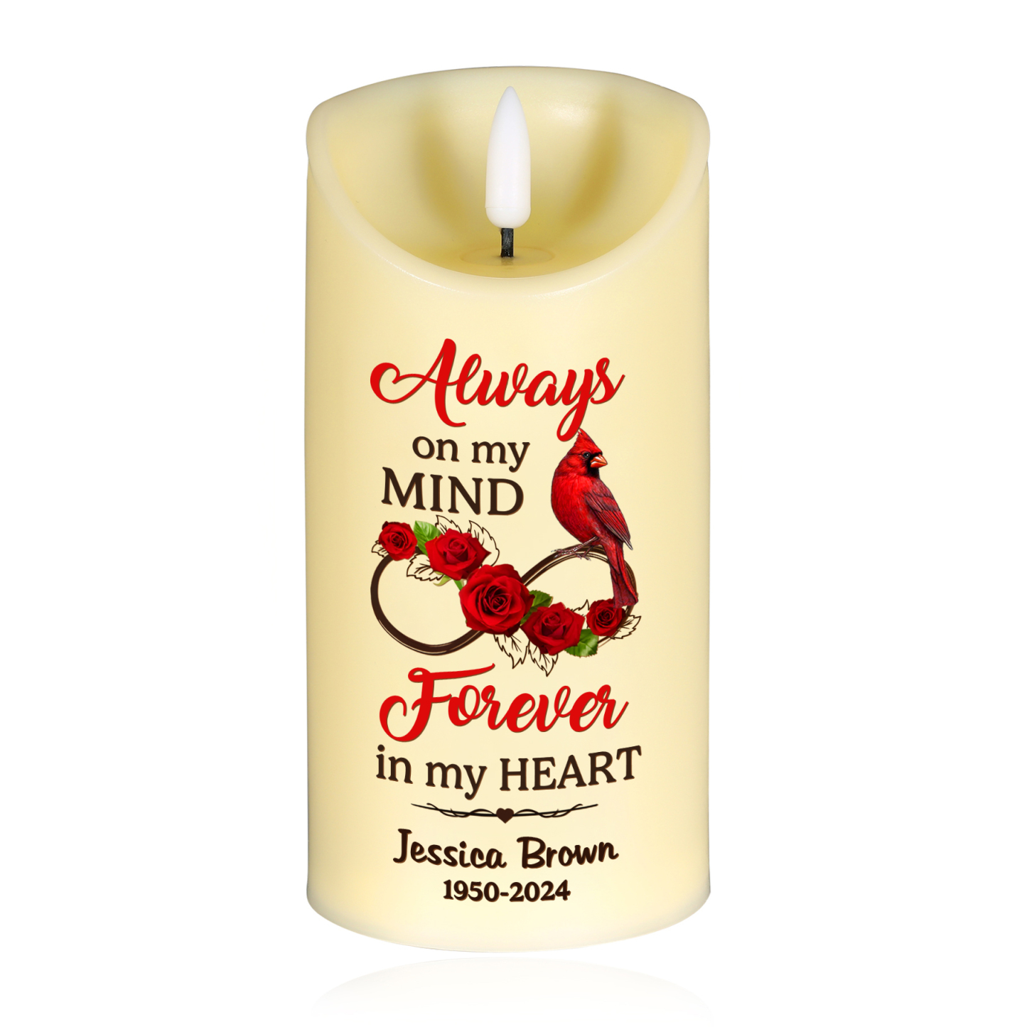 Personalised Cardinal & Infinity LED Candle Custom Name & Year Christmas Gift