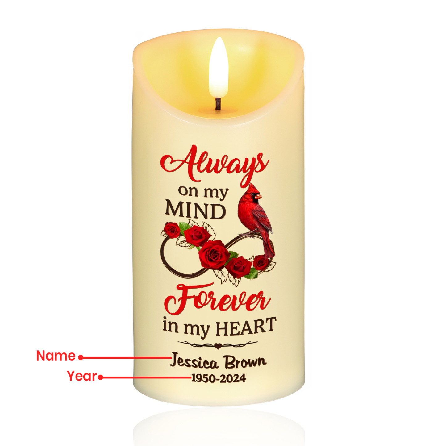 Personalised Cardinal & Infinity LED Candle Custom Name & Year Christmas Gift