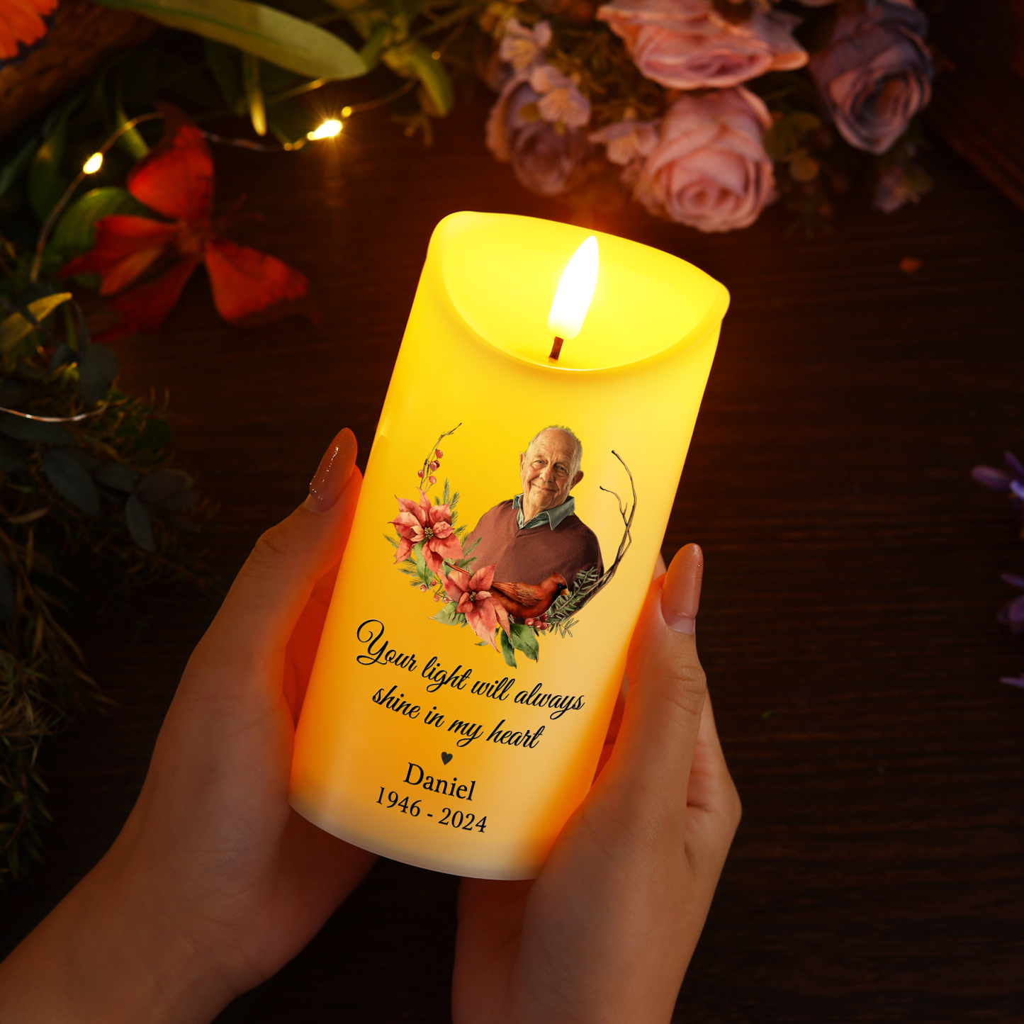 Personalised LED Memorial Candle Butterfly Design with Photo Name & Date Tribute Light Remains Forever
