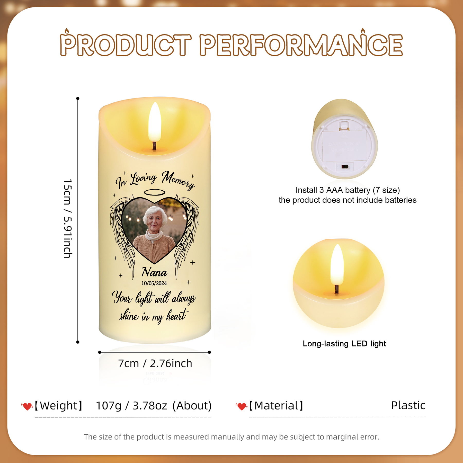 Personalised LED Memorial Candle with Angel Wings Custom Name Photo and Year Heartfelt Gift for Family