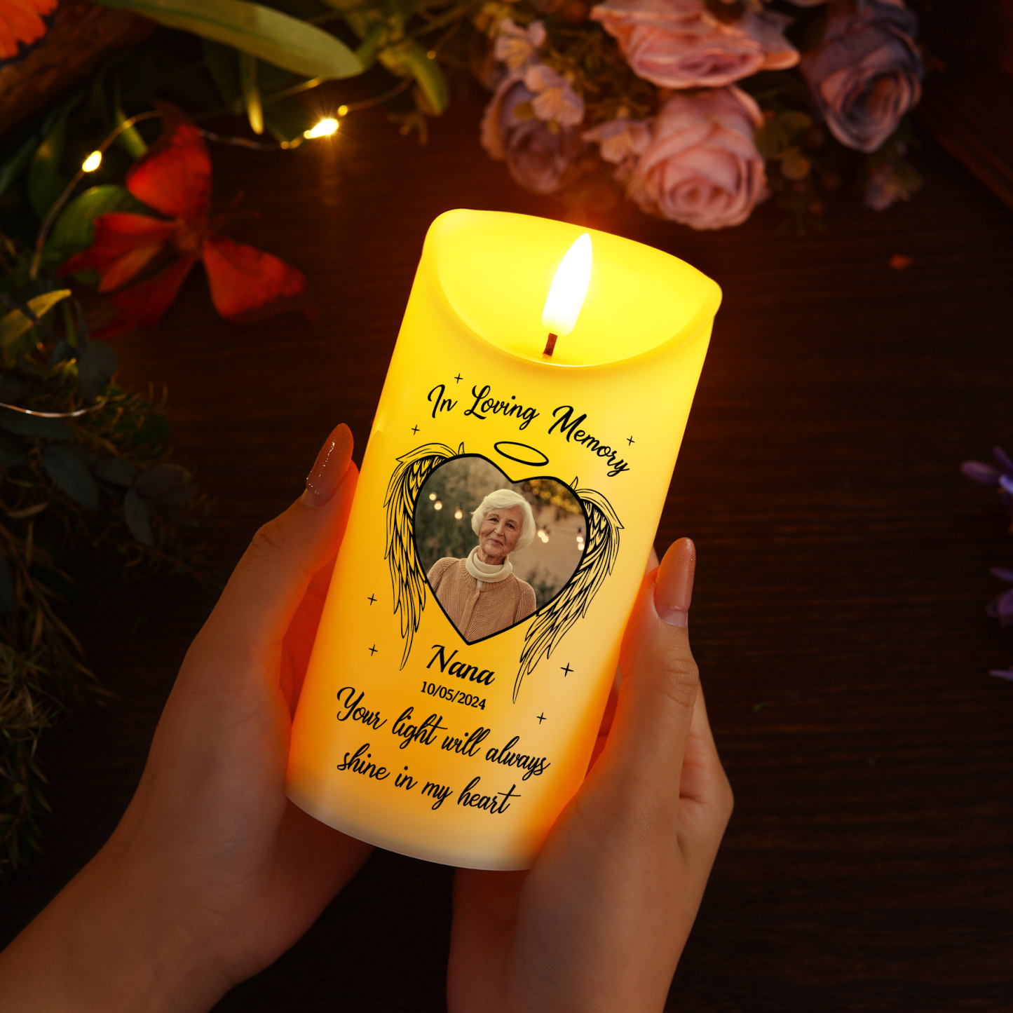 Personalised LED Memorial Candle with Angel Wings Custom Name Photo and Year Heartfelt Gift for Family