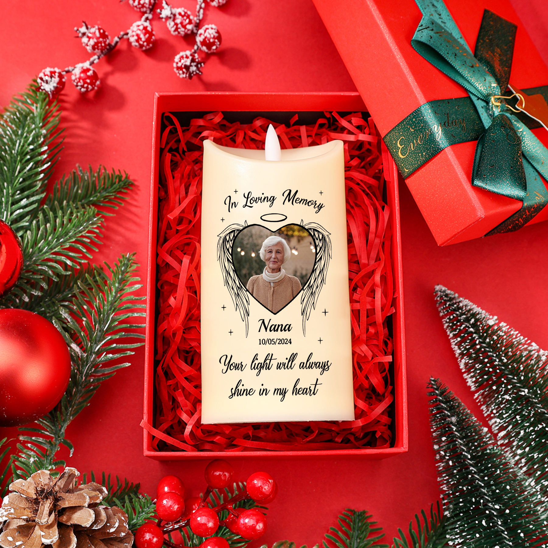 Personalised LED Memorial Candle with Angel Wings Custom Name Photo and Year Heartfelt Gift for Family