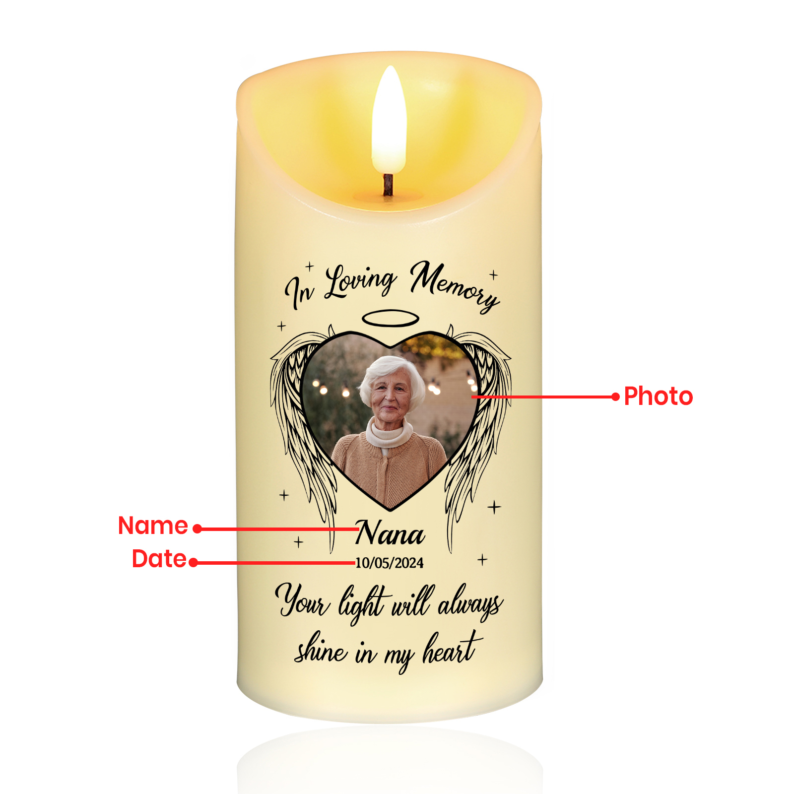 Personalised LED Memorial Candle with Angel Wings Custom Name Photo and Year Heartfelt Gift for Family