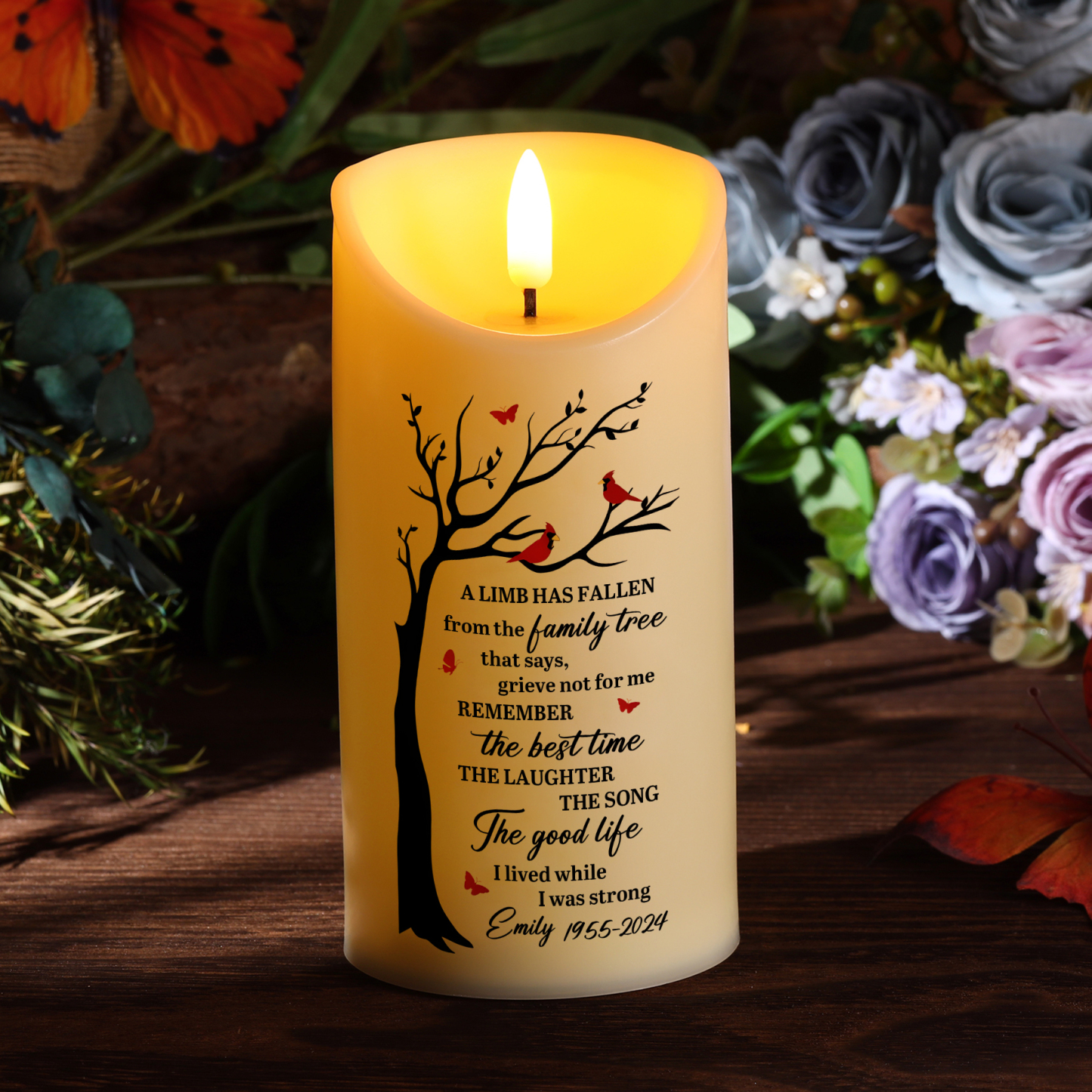 Personalised LED Memorial Candle Cardinals and Memorial Tree Design Cherished Christmas Gift for Family
