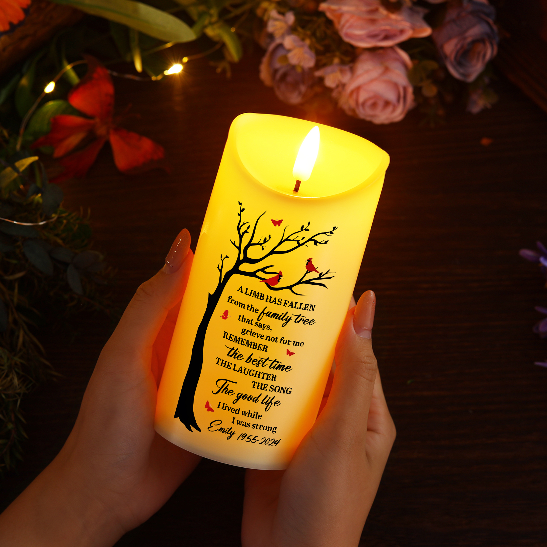 Personalised LED Memorial Candle Cardinals and Memorial Tree Design Cherished Christmas Gift for Family