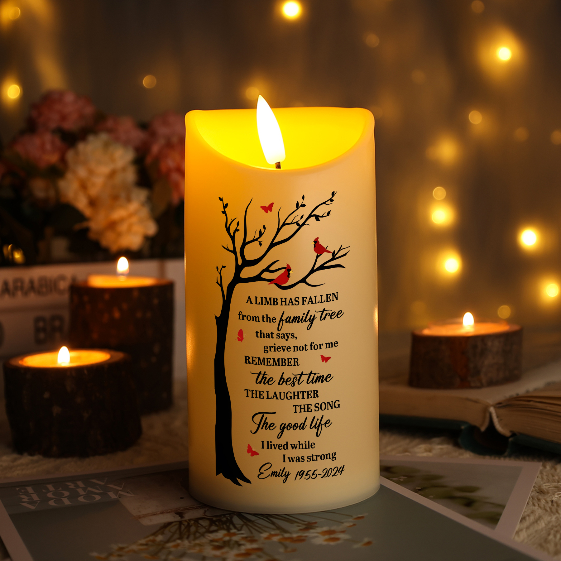 Personalised LED Memorial Candle Cardinals and Memorial Tree Design Cherished Christmas Gift for Family