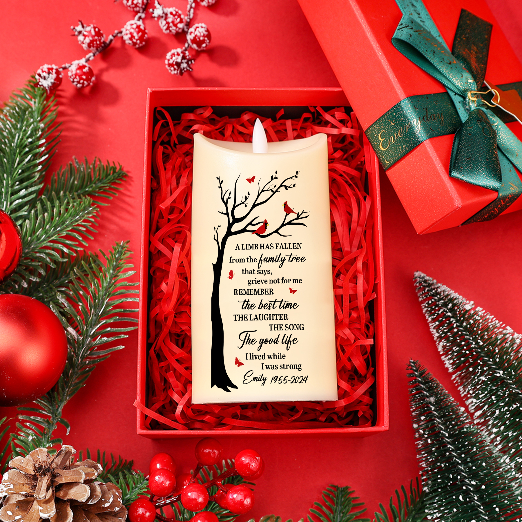 Personalised LED Memorial Candle Cardinals and Memorial Tree Design Cherished Christmas Gift for Family