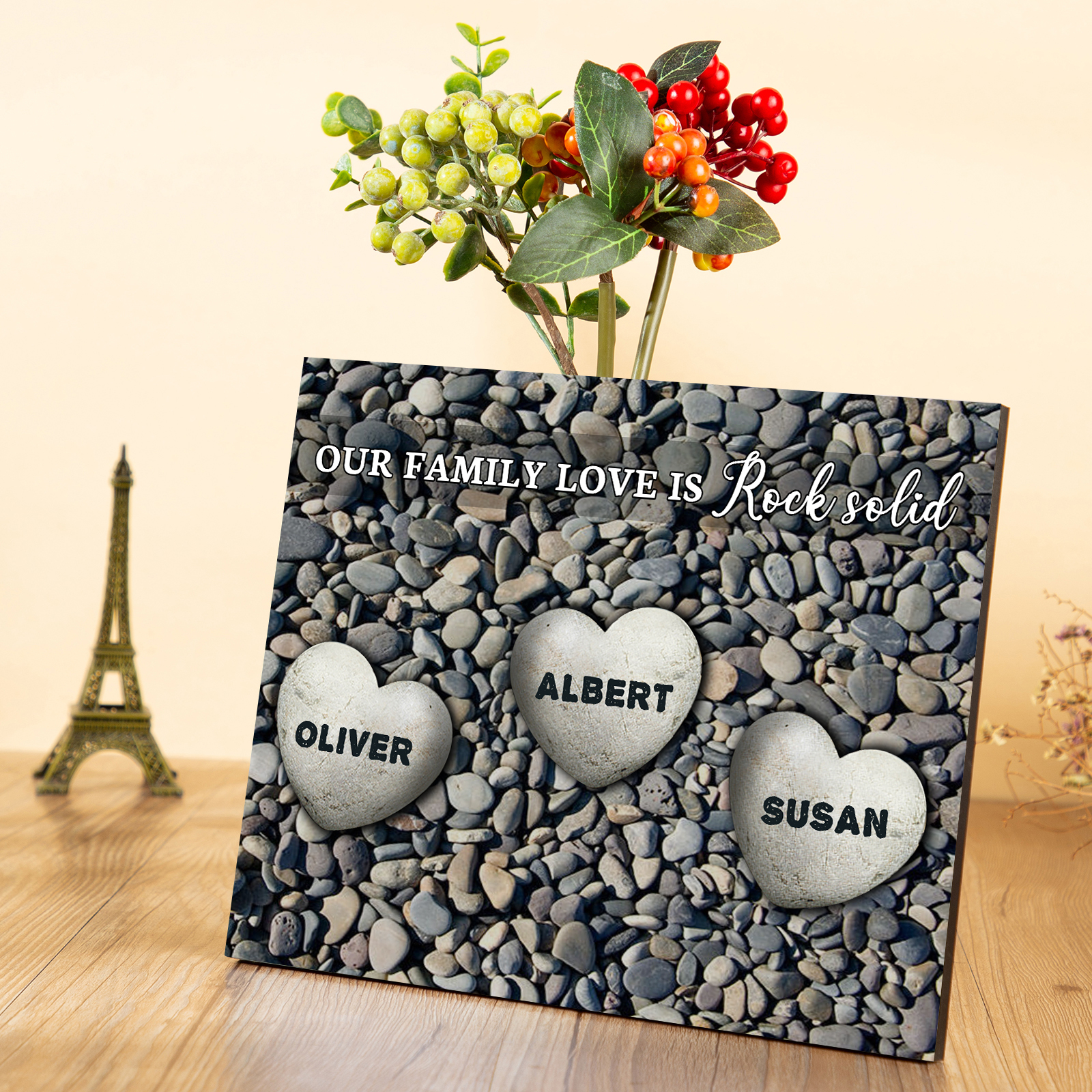 Personalised Wooden Plaque Custom 3 Nmaes Our Family Love is Rock Solid Gift for Mom | Jessemade