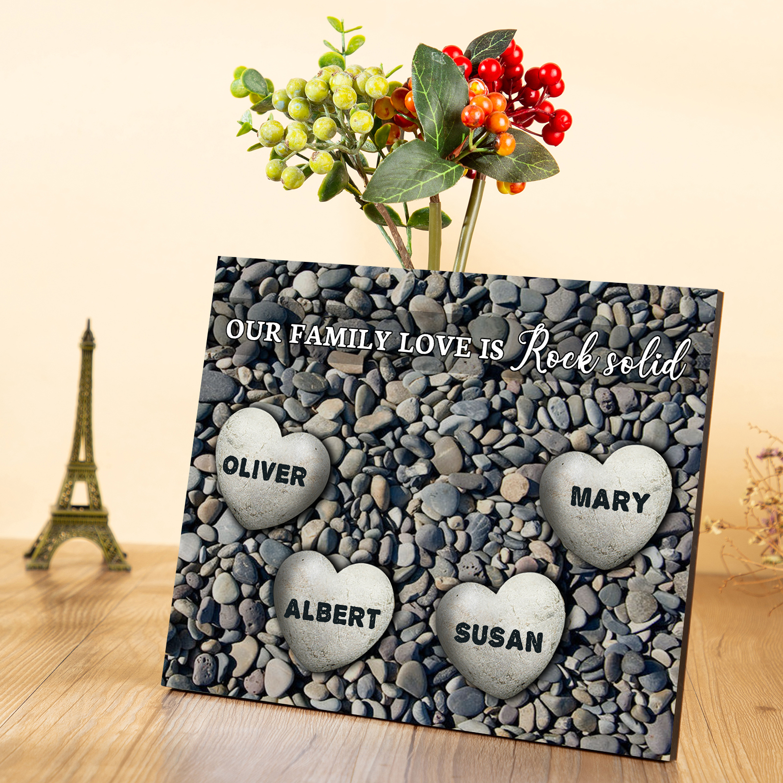 Personalised Wooden Plaque Custom 4 Nmaes Our Family Love is Rock Solid Gift for Mom | Jessemade