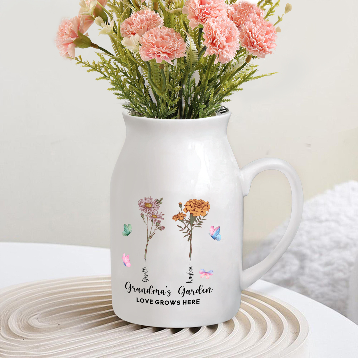 Personalised Ceramic Vase Custom 2 Texts 2 Names & Birthflowers Gift for Mum/Grandma  | Jessemade