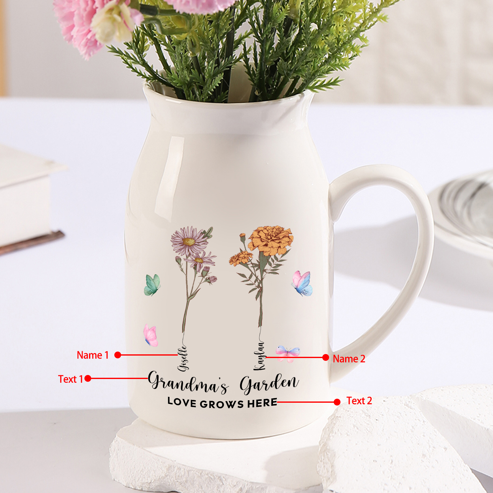 Personalised Ceramic Vase Custom 2 Texts 2 Names & Birthflowers Gift for Mum/Grandma  | Jessemade