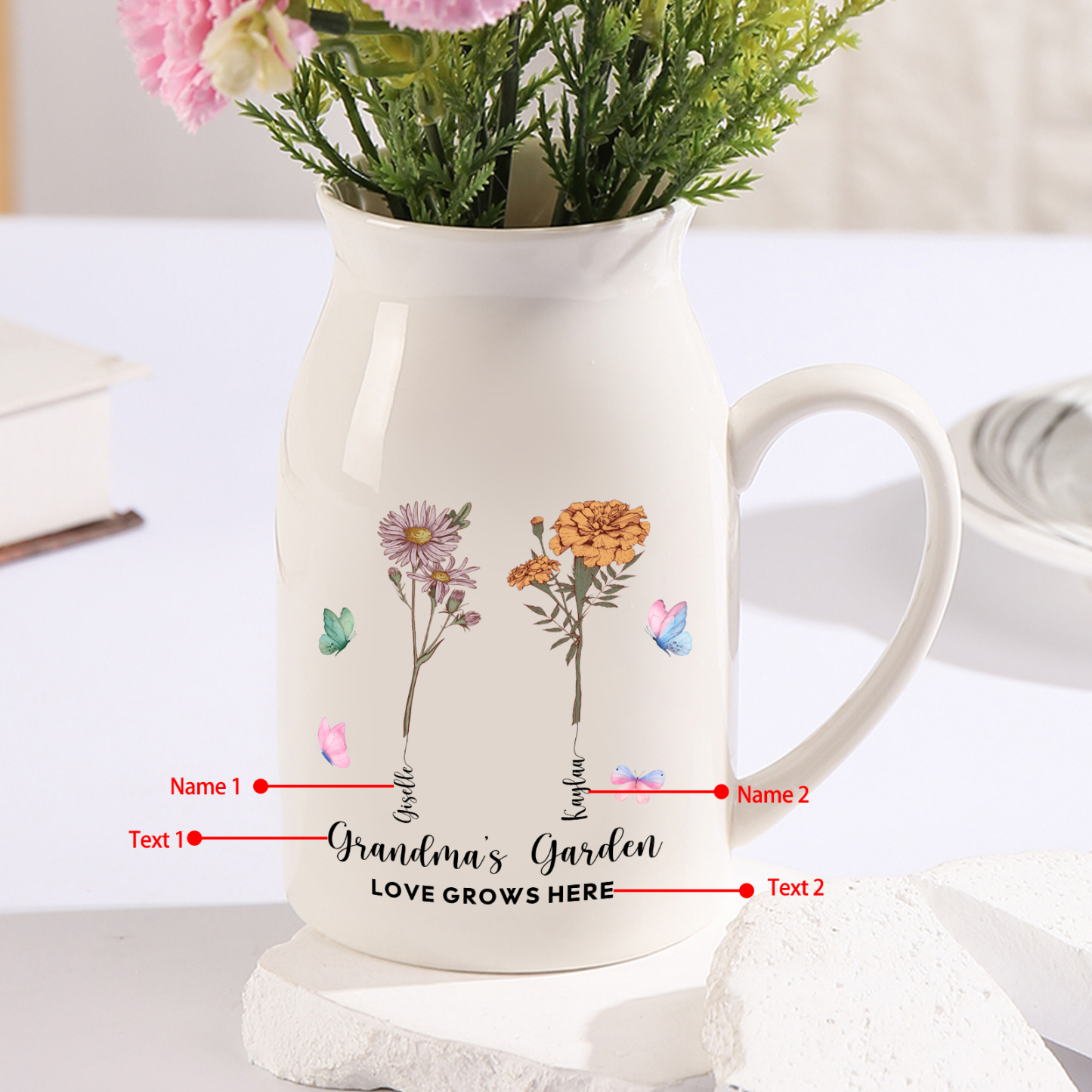 Personalised Ceramic Vase Custom 2 Texts 2 Names & Birthflowers Gift for Mum/Grandma  | Jessemade