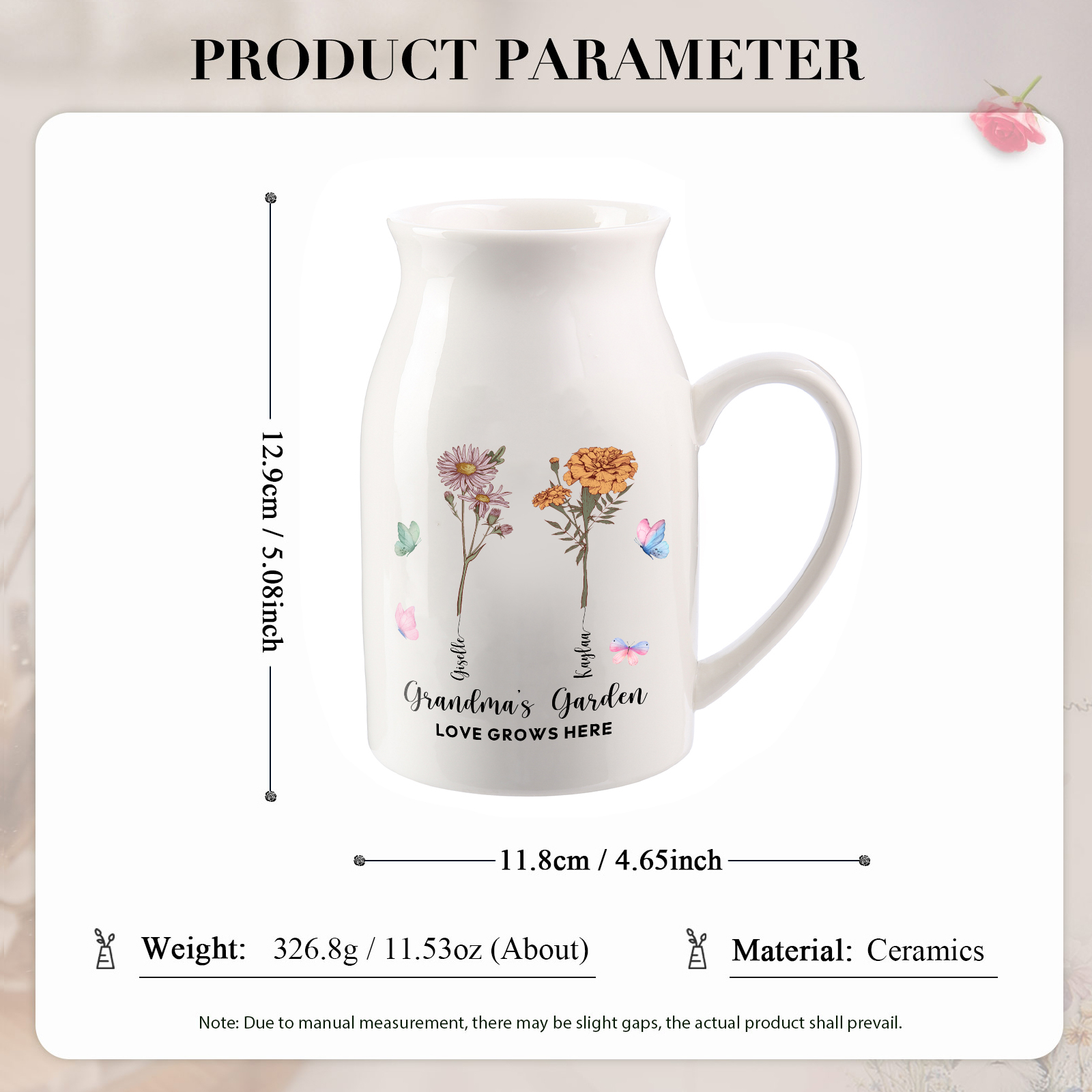 Personalised Ceramic Vase Custom 2 Texts 2 Names & Birthflowers Gift for Mum/Grandma  | Jessemade