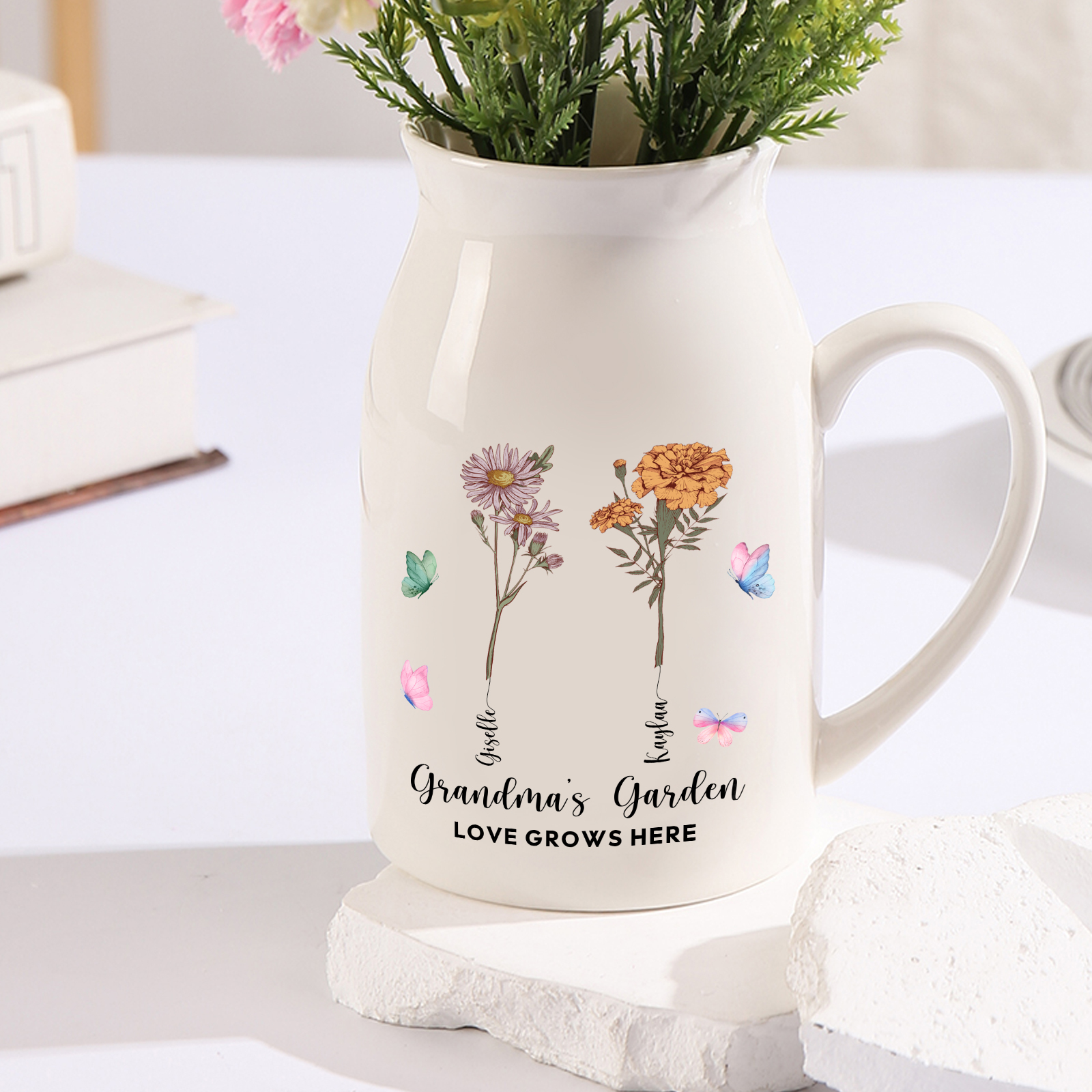 Personalised Grandma Flower Jug with Birth Month Flowers – Custom Ceramic Gift for Her | Jessemade