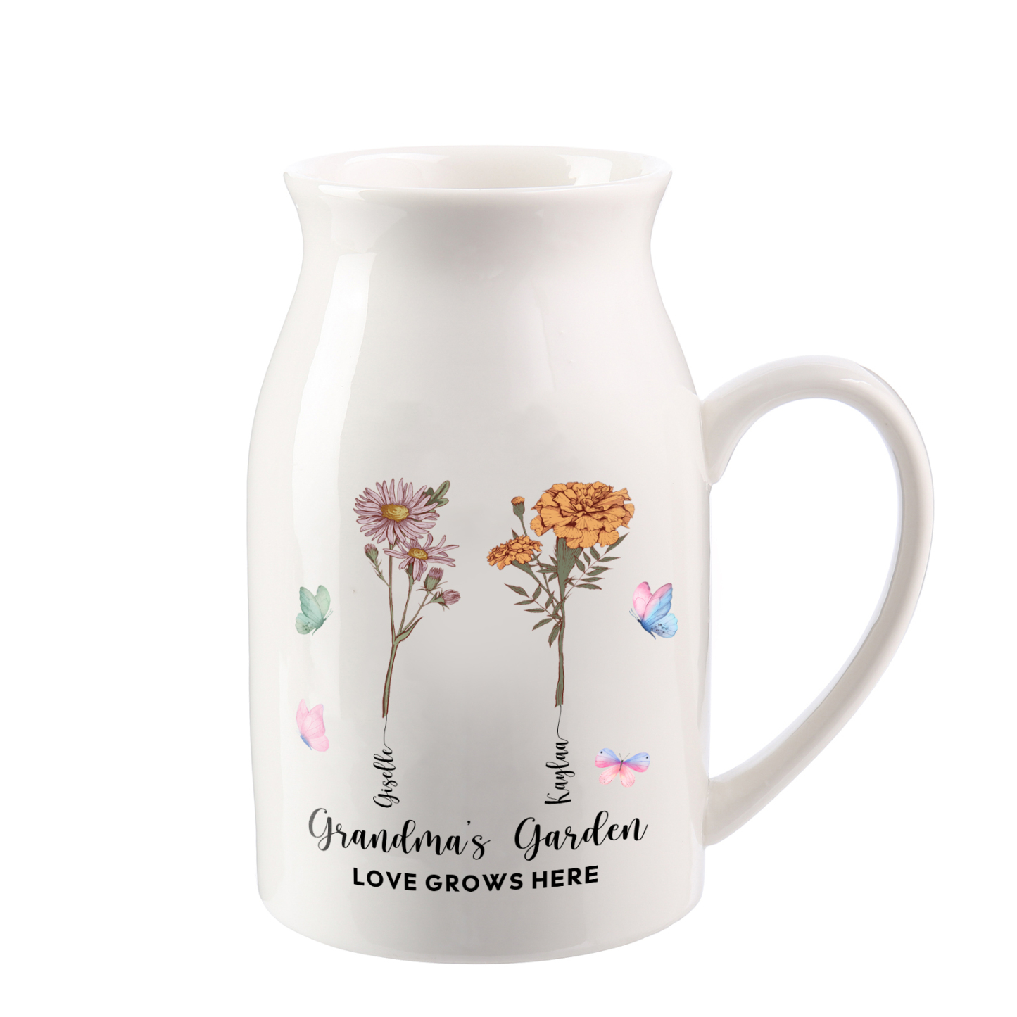 Personalised Ceramic Vase Custom 2 Texts 2 Names & Birthflowers Gift for Mum/Grandma  | Jessemade