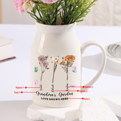 Personalised Ceramic Vase Custom 2 Texts 3 Names & Birthflowers Gift for Mum/Grandma  | Jessemade