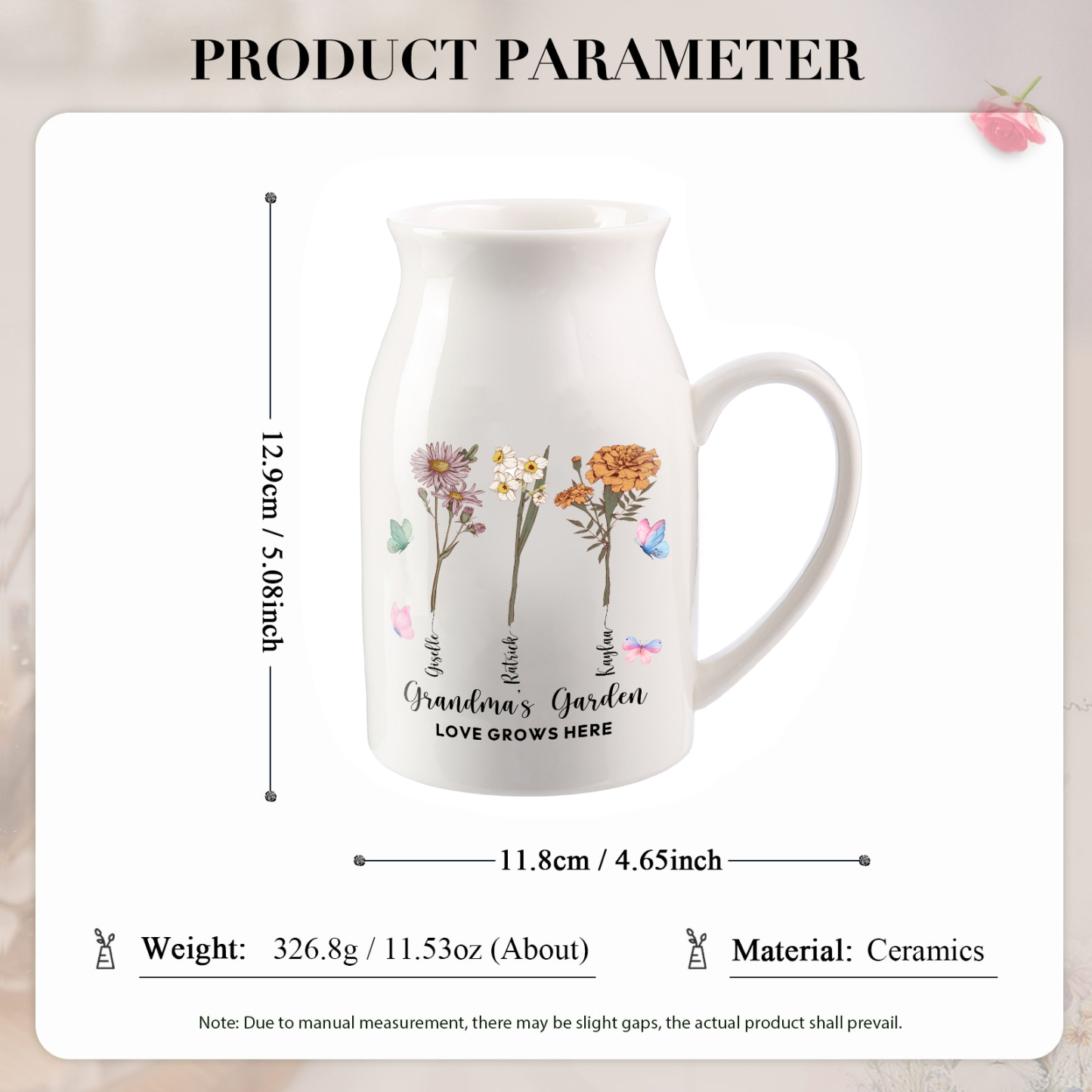 Personalised Ceramic Vase Custom 2 Texts 3 Names & Birthflowers Gift for Mum/Grandma  | Jessemade