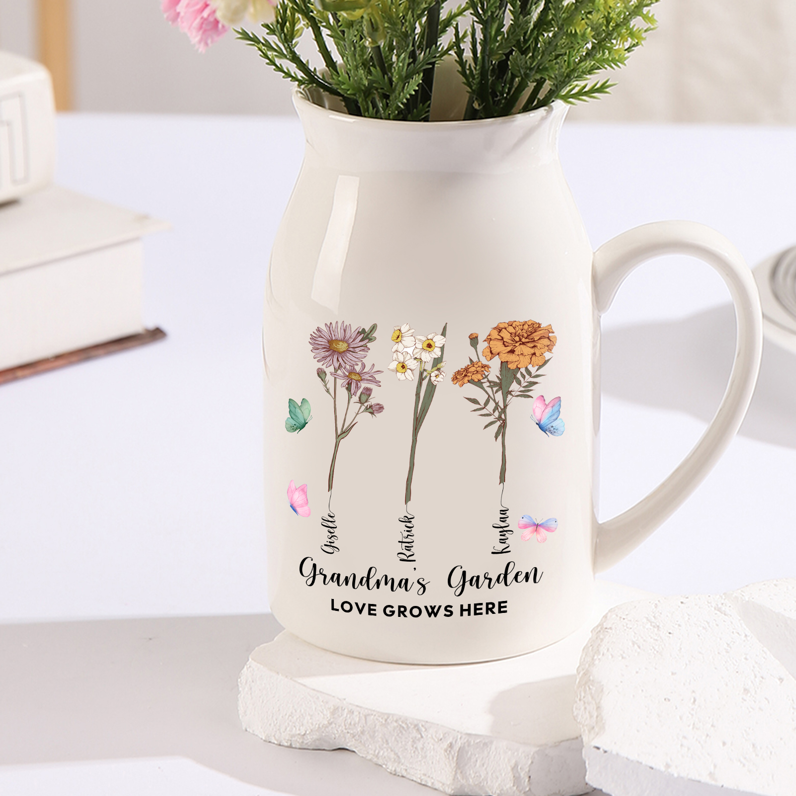 Personalised Ceramic Vase Custom 2 Texts 3 Names & Birthflowers Gift for Mum/Grandma  | Jessemade
