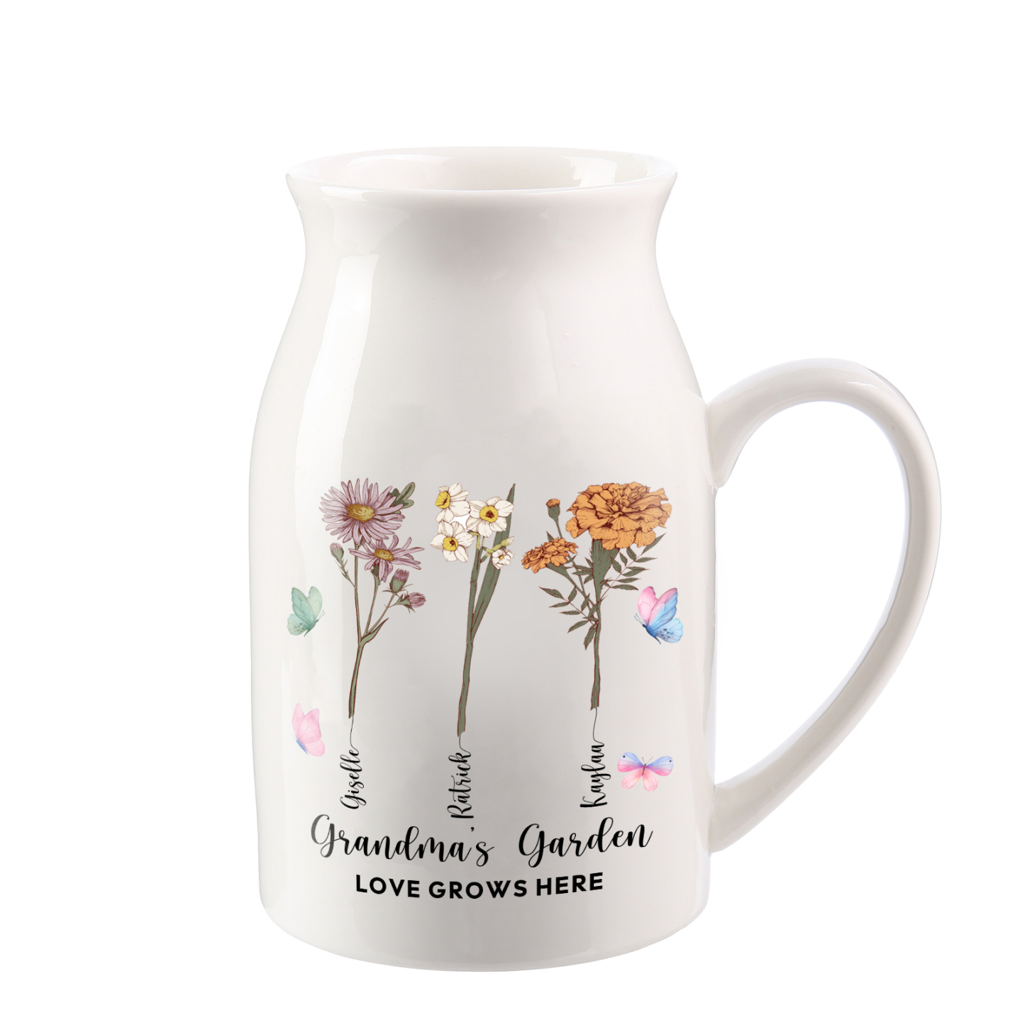 Personalised Ceramic Vase Custom 2 Texts 3 Names & Birthflowers Gift for Mum/Grandma  | Jessemade