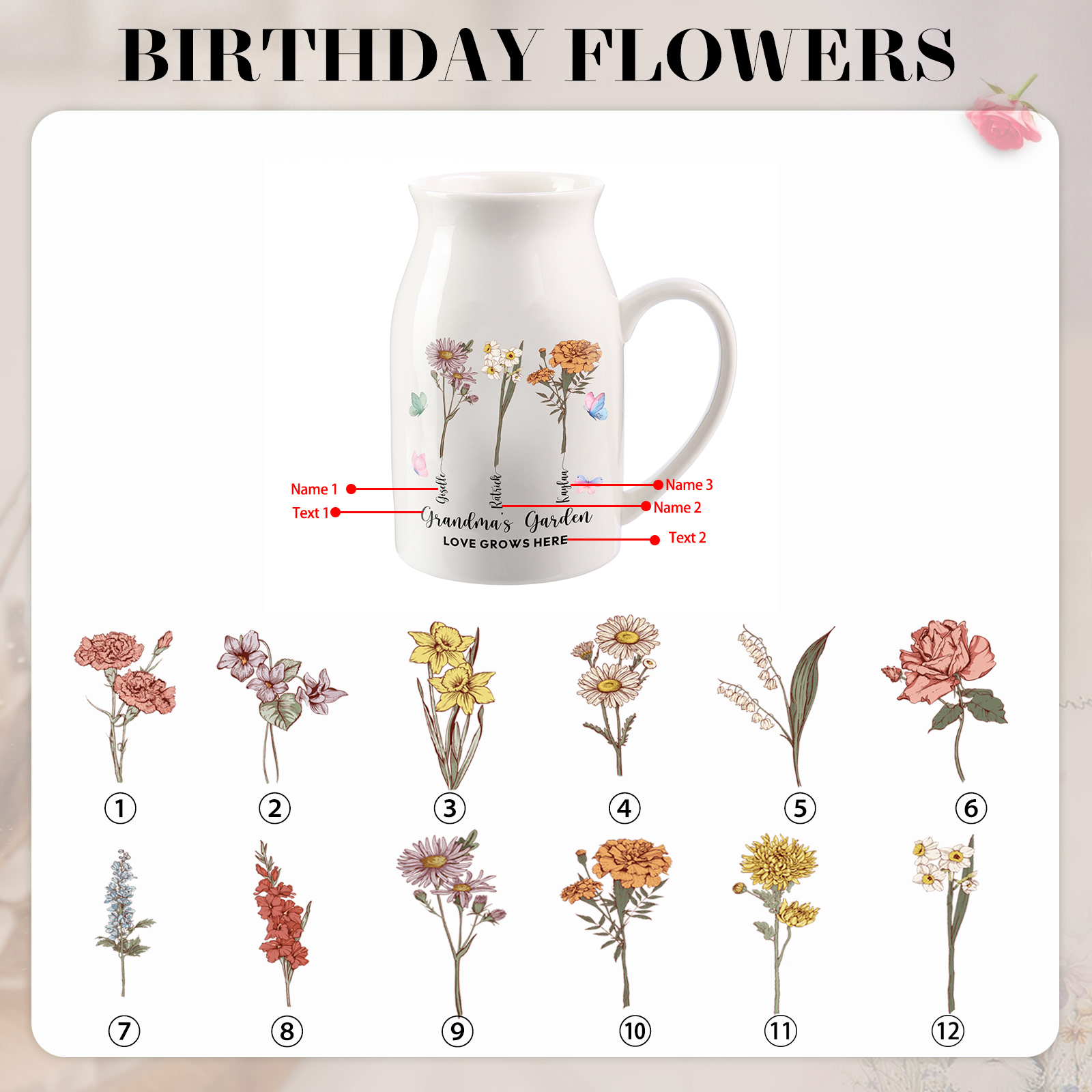 Personalised Ceramic Vase Custom 2 Texts 3 Names & Birthflowers Gift for Mum/Grandma  | Jessemade