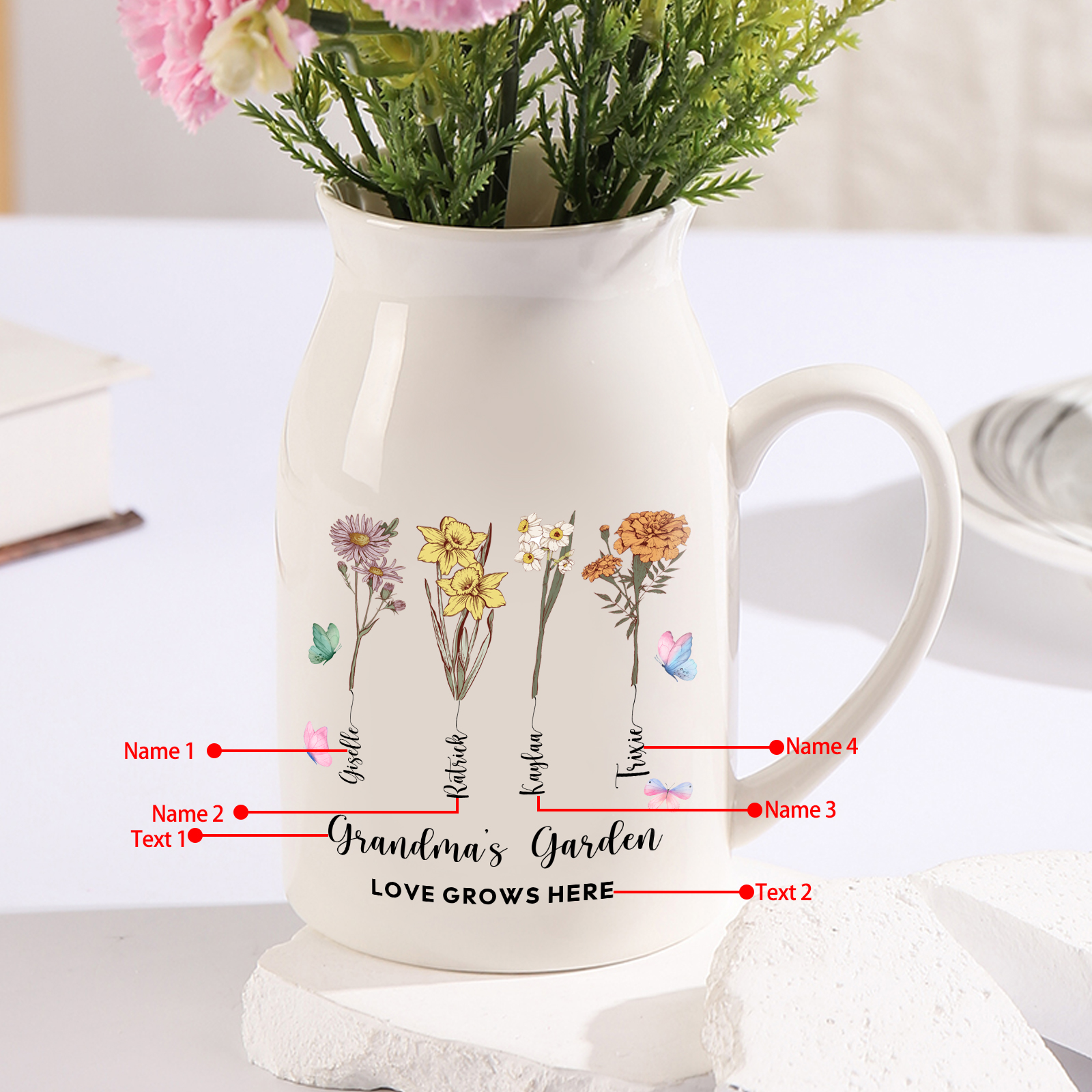 Personalised Ceramic Vase Custom 2 Texts 4 Names & Birthflowers Gift for Mum/Grandma  | Jessemade