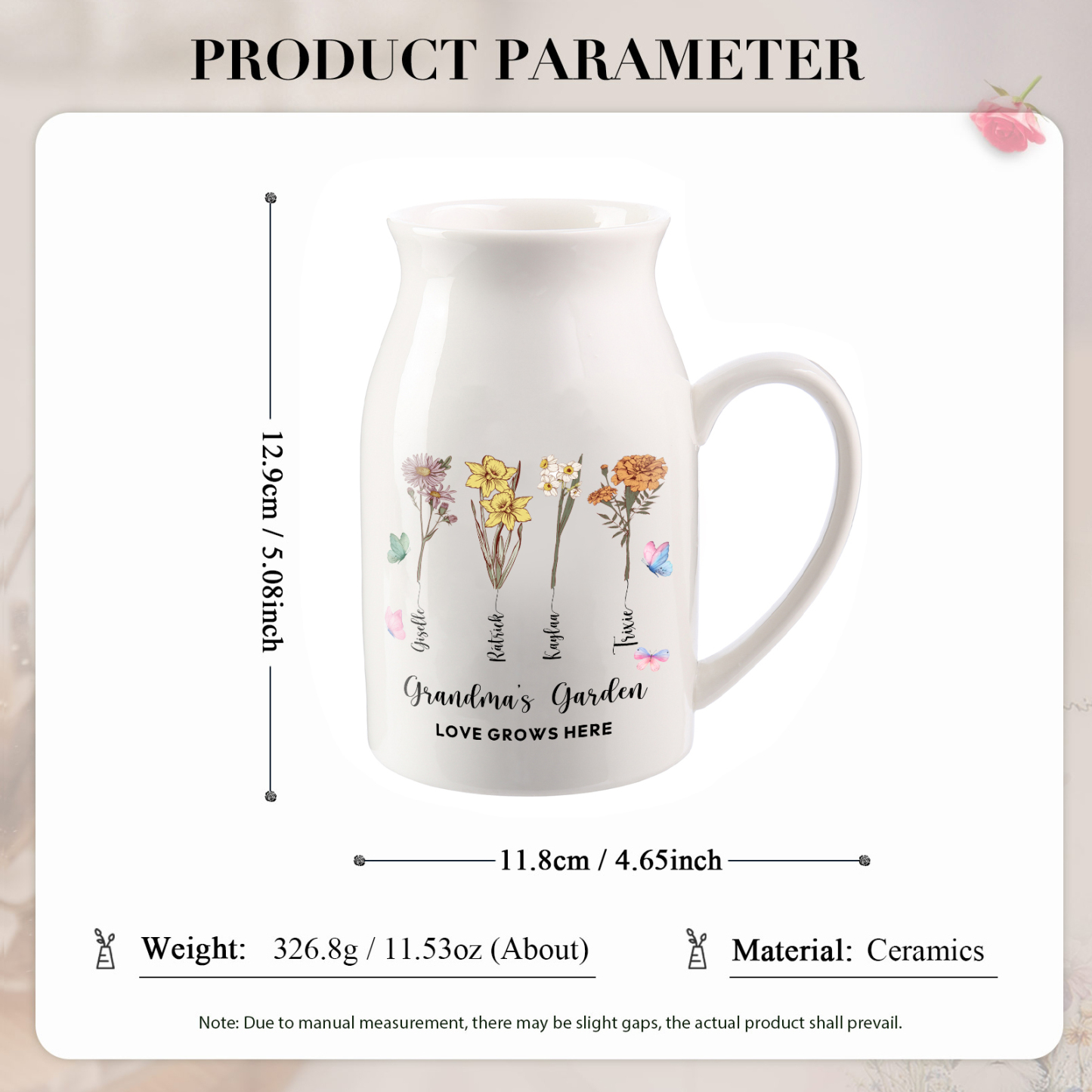 Personalised Ceramic Vase Custom 2 Texts 4 Names & Birthflowers Gift for Mum/Grandma  | Jessemade