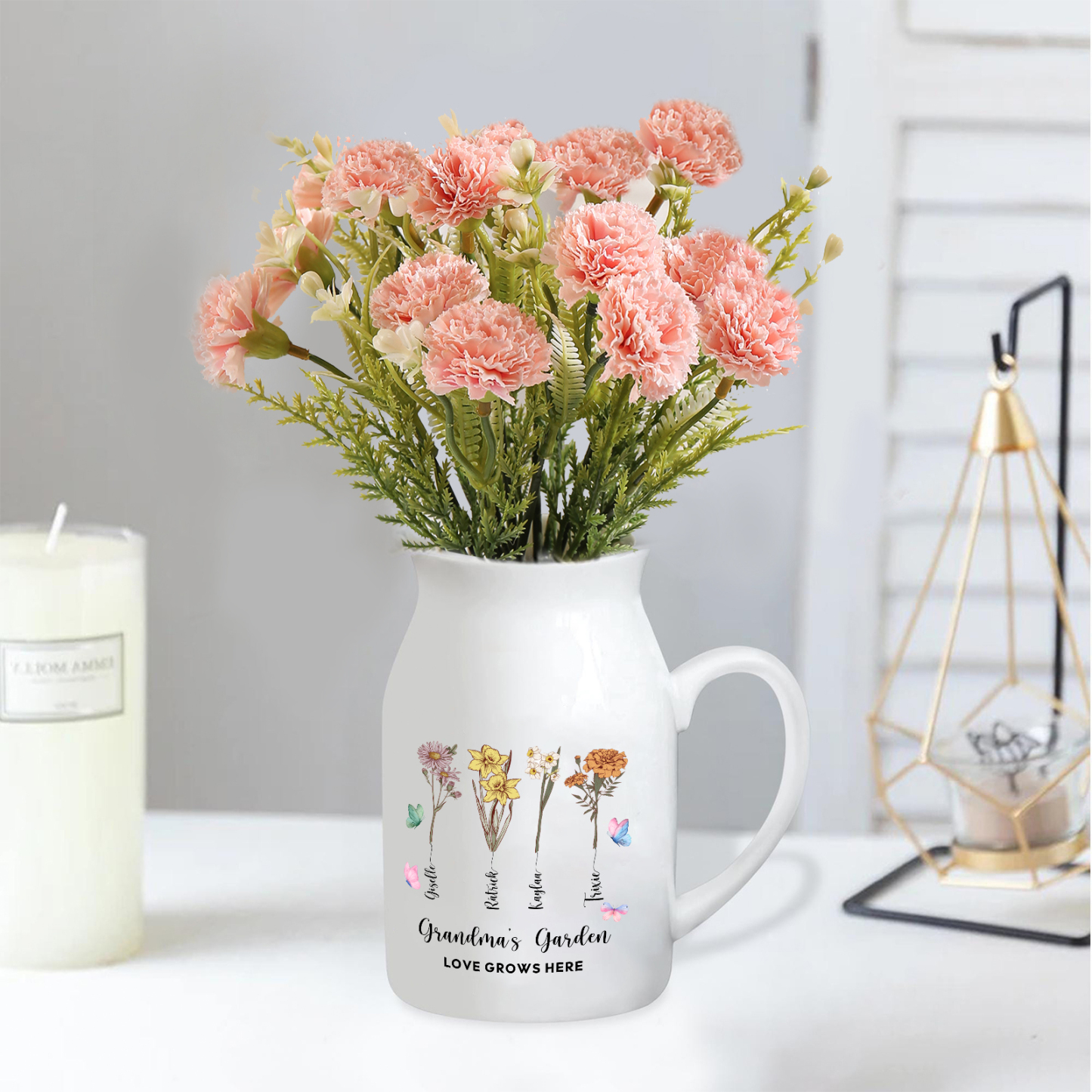 Personalised Ceramic Vase Custom 2 Texts 4 Names & Birthflowers Gift for Mum/Grandma  | Jessemade