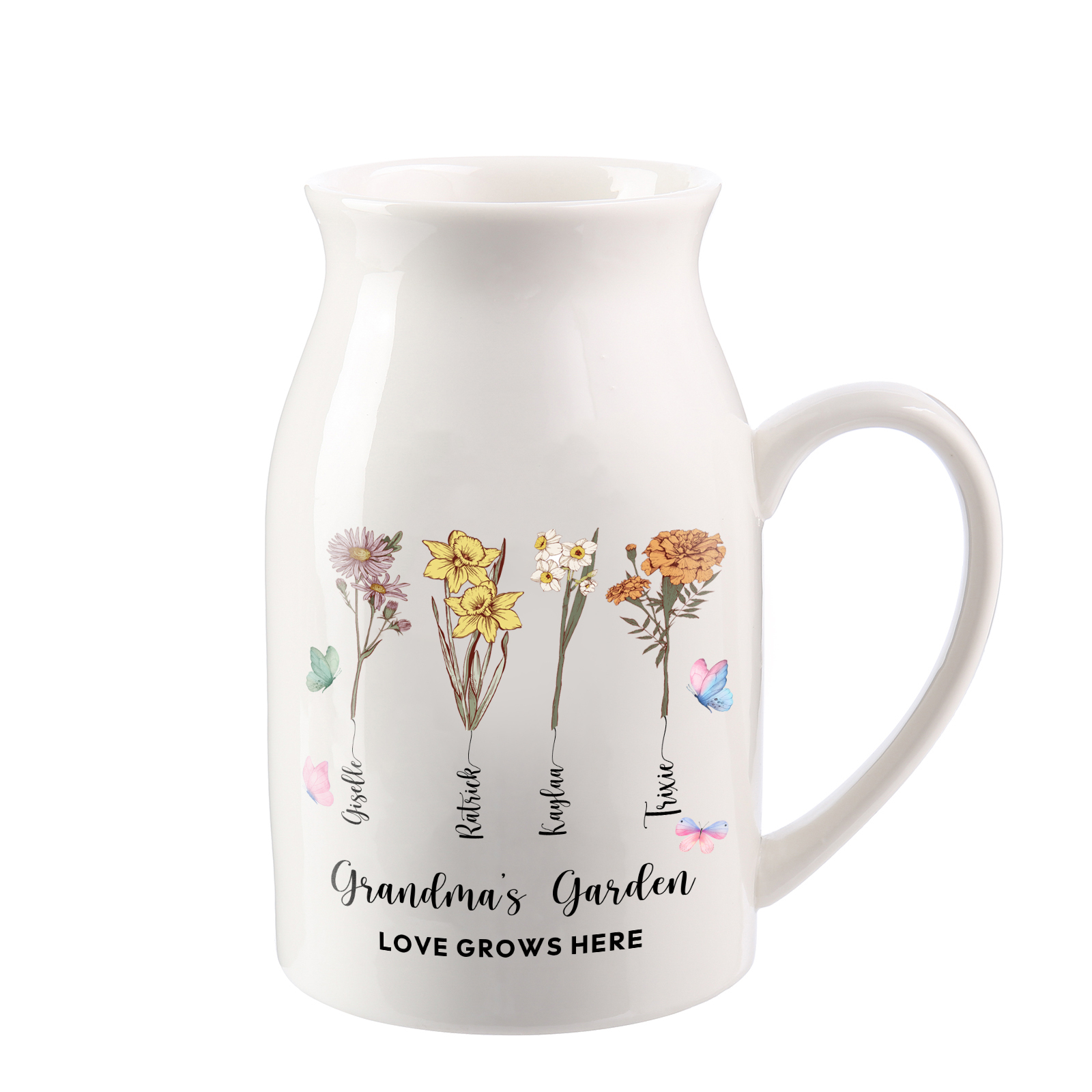Personalised Ceramic Vase Custom 2 Texts 4 Names & Birthflowers Gift for Mum/Grandma  | Jessemade