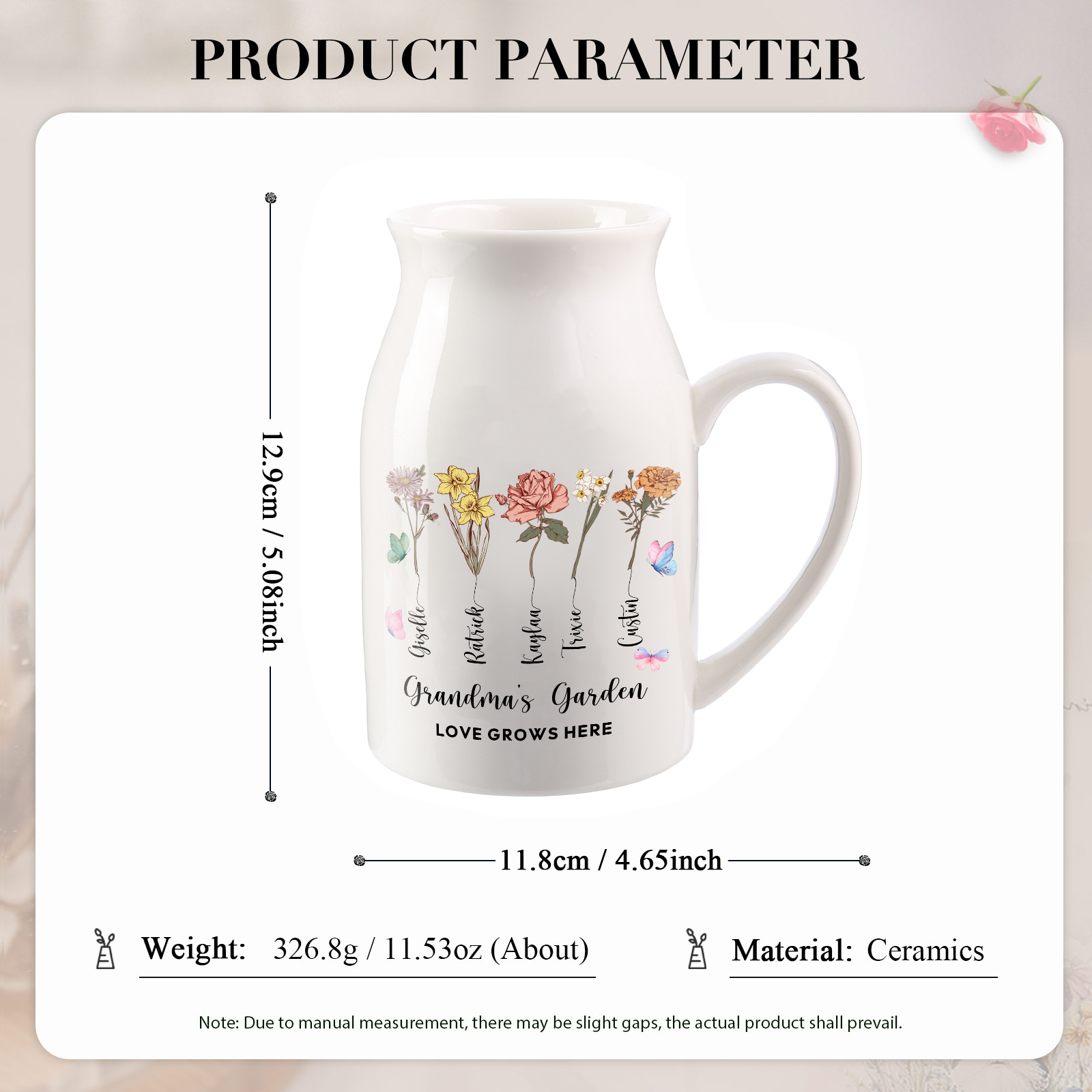 Personalised Ceramic Vase Custom 2 Texts 5 Names & Birthflowers Gift for Mum/Grandma  | Jessemade