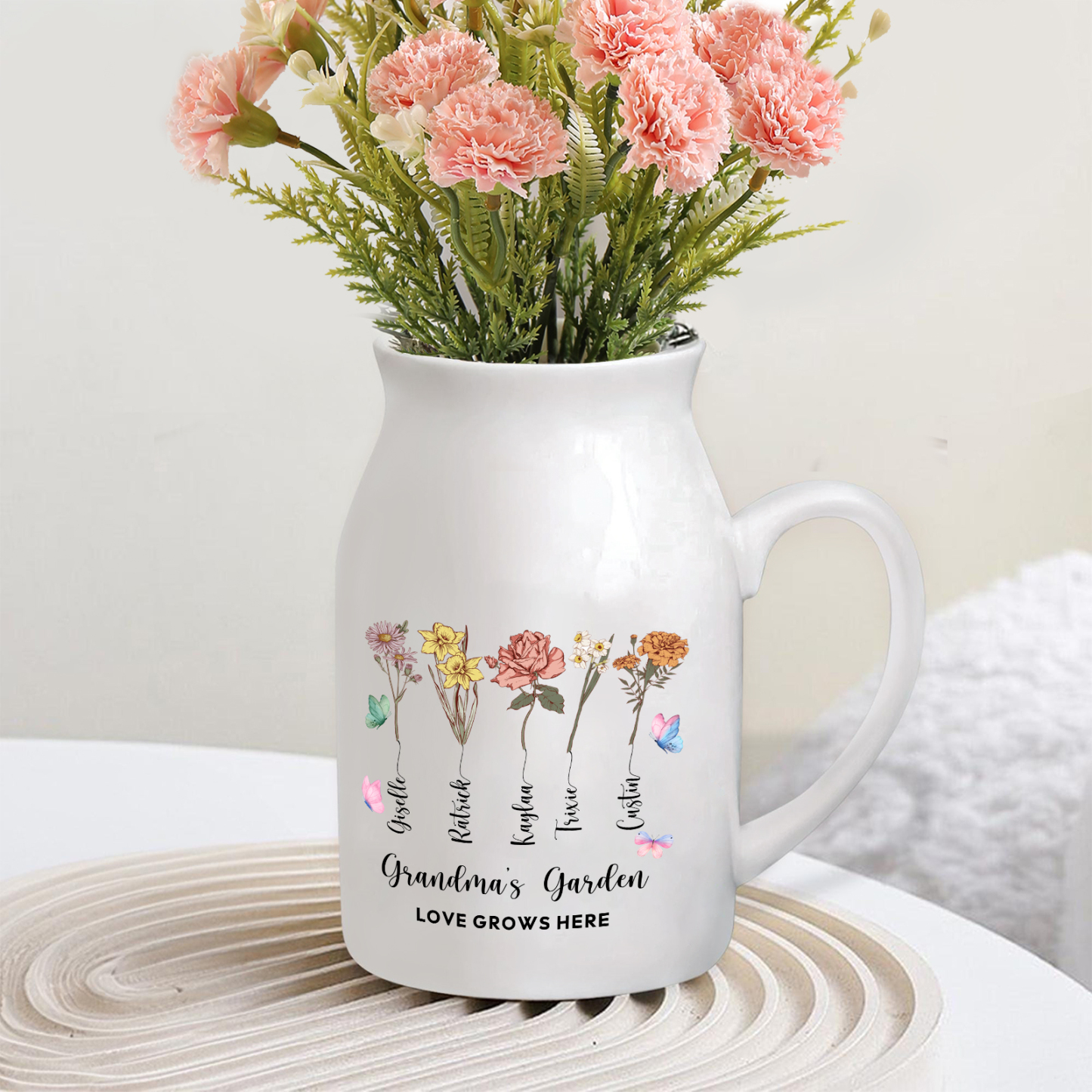 Personalised Ceramic Vase Custom 2 Texts 5 Names & Birthflowers Gift for Mum/Grandma  | Jessemade