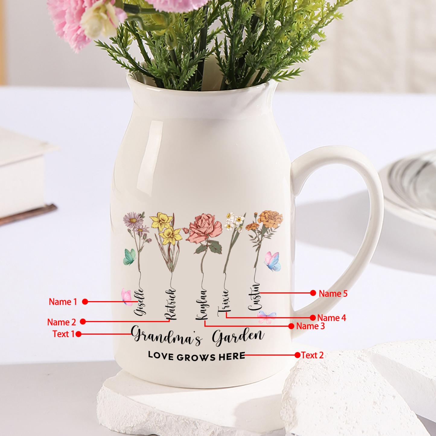 Personalised Ceramic Vase Custom 2 Texts 5 Names & Birthflowers Gift for Mum/Grandma  | Jessemade
