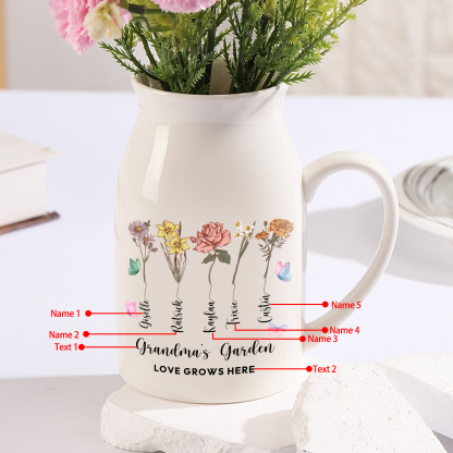 Personalised Ceramic Vase Custom 2 Texts 5 Names & Birthflowers Gift for Mum/Grandma  | Jessemade