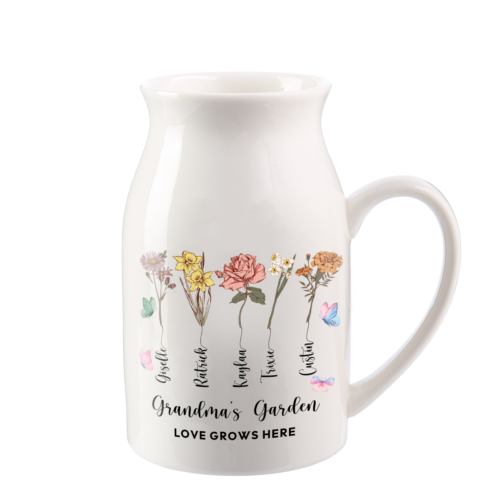 Personalised Ceramic Vase Custom 2 Texts 5 Names & Birthflowers Gift for Mum/Grandma  | Jessemade