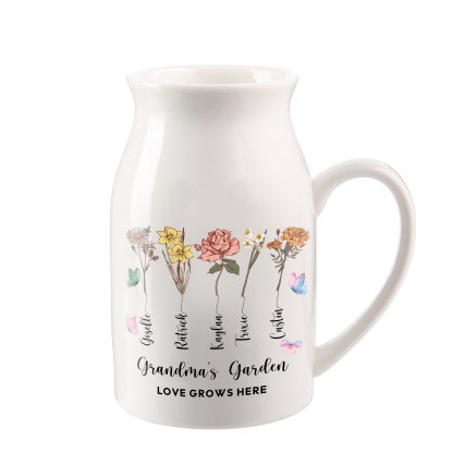 Personalised Ceramic Vase Custom 2 Texts 5 Names & Birthflowers Gift for Mum/Grandma  | Jessemade