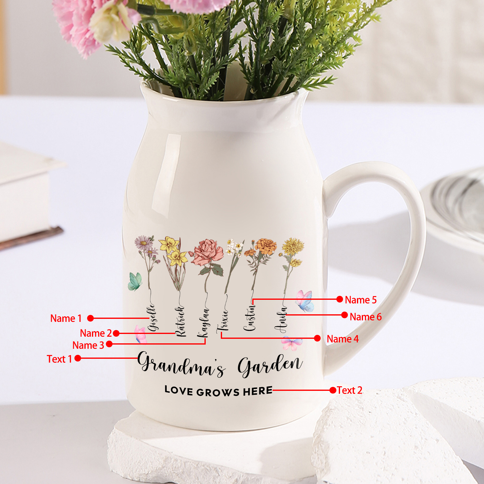 Personalised Ceramic Vase Custom 2 Texts 6 Names & Birthflowers Gift for Mum/Grandma  | Jessemade