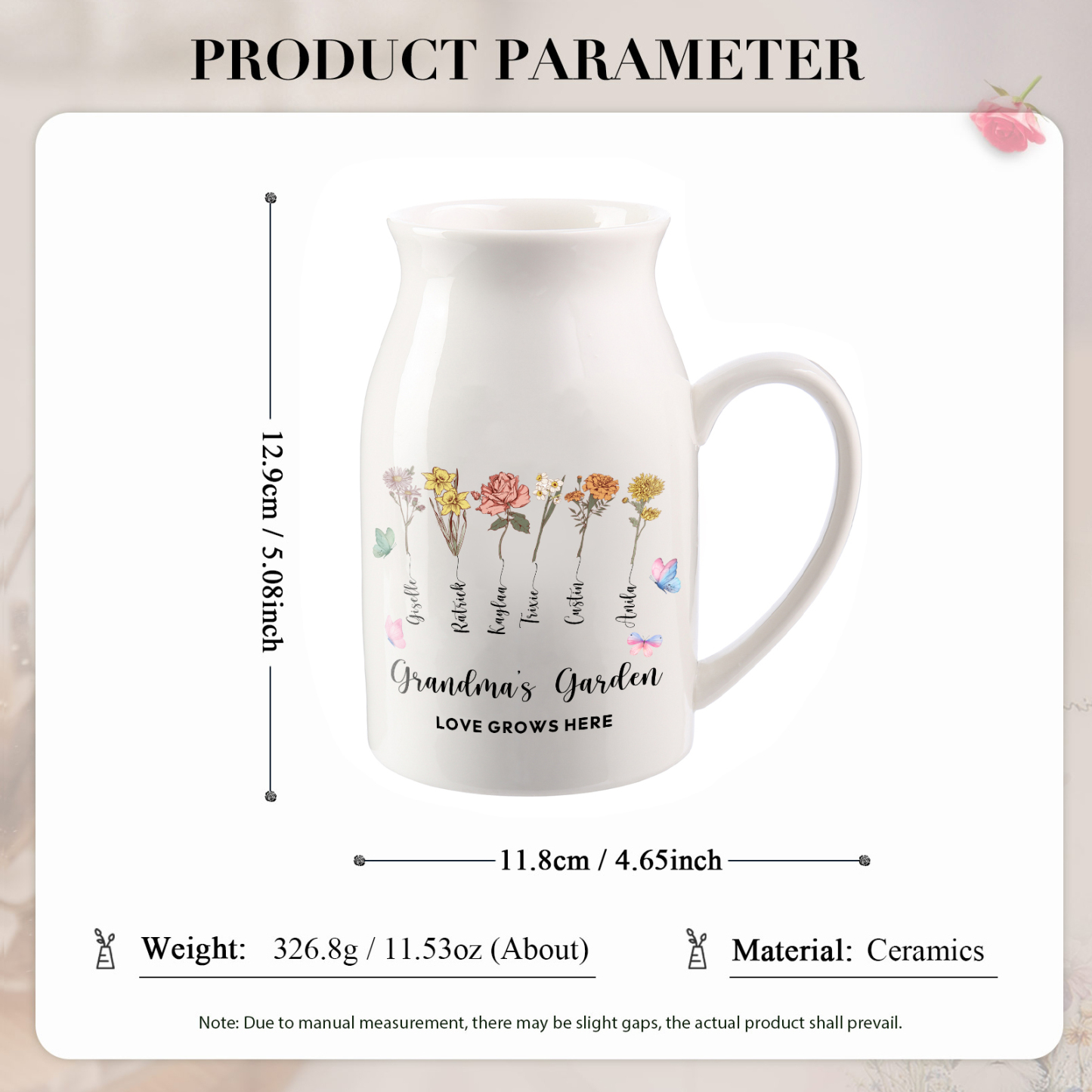 Personalised Ceramic Vase Custom 2 Texts 6 Names & Birthflowers Gift for Mum/Grandma  | Jessemade