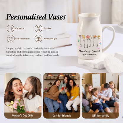 Personalised Ceramic Vase Custom 2 Texts 6 Names & Birthflowers Gift for Mum/Grandma  | Jessemade