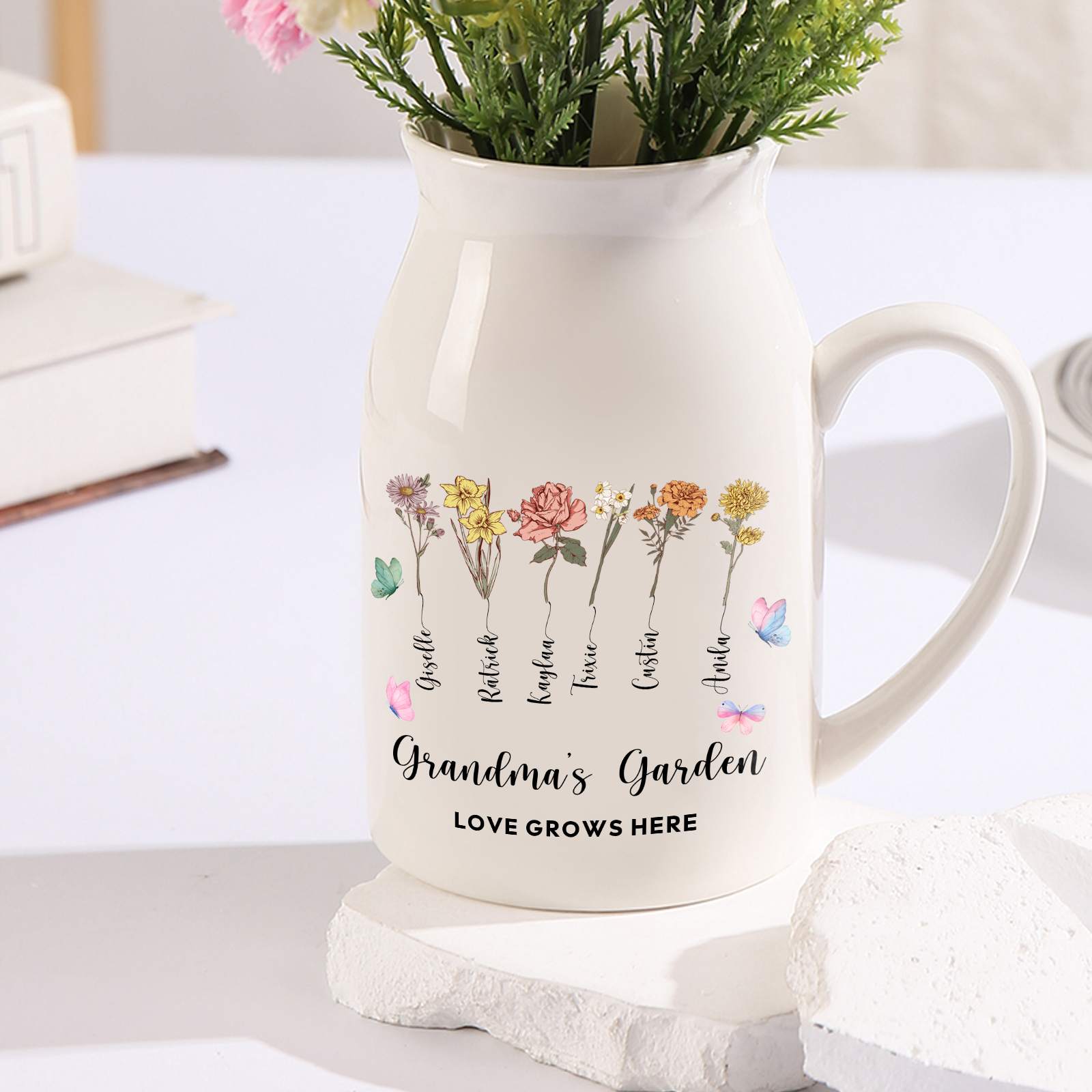 Personalised Ceramic Vase Custom 2 Texts 6 Names & Birthflowers Gift for Mum/Grandma  | Jessemade