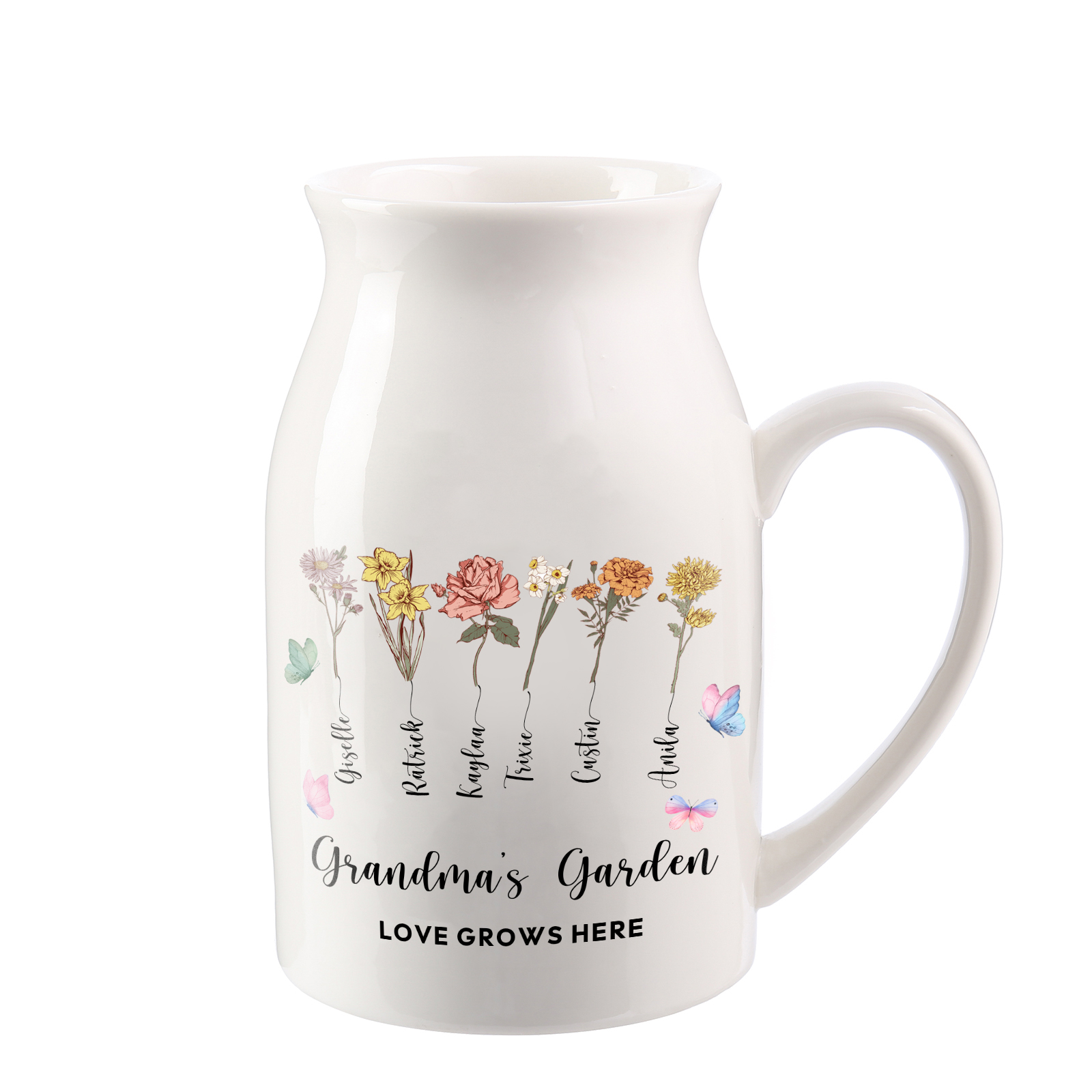 Personalised Ceramic Vase Custom 2 Texts 6 Names & Birthflowers Gift for Mum/Grandma  | Jessemade