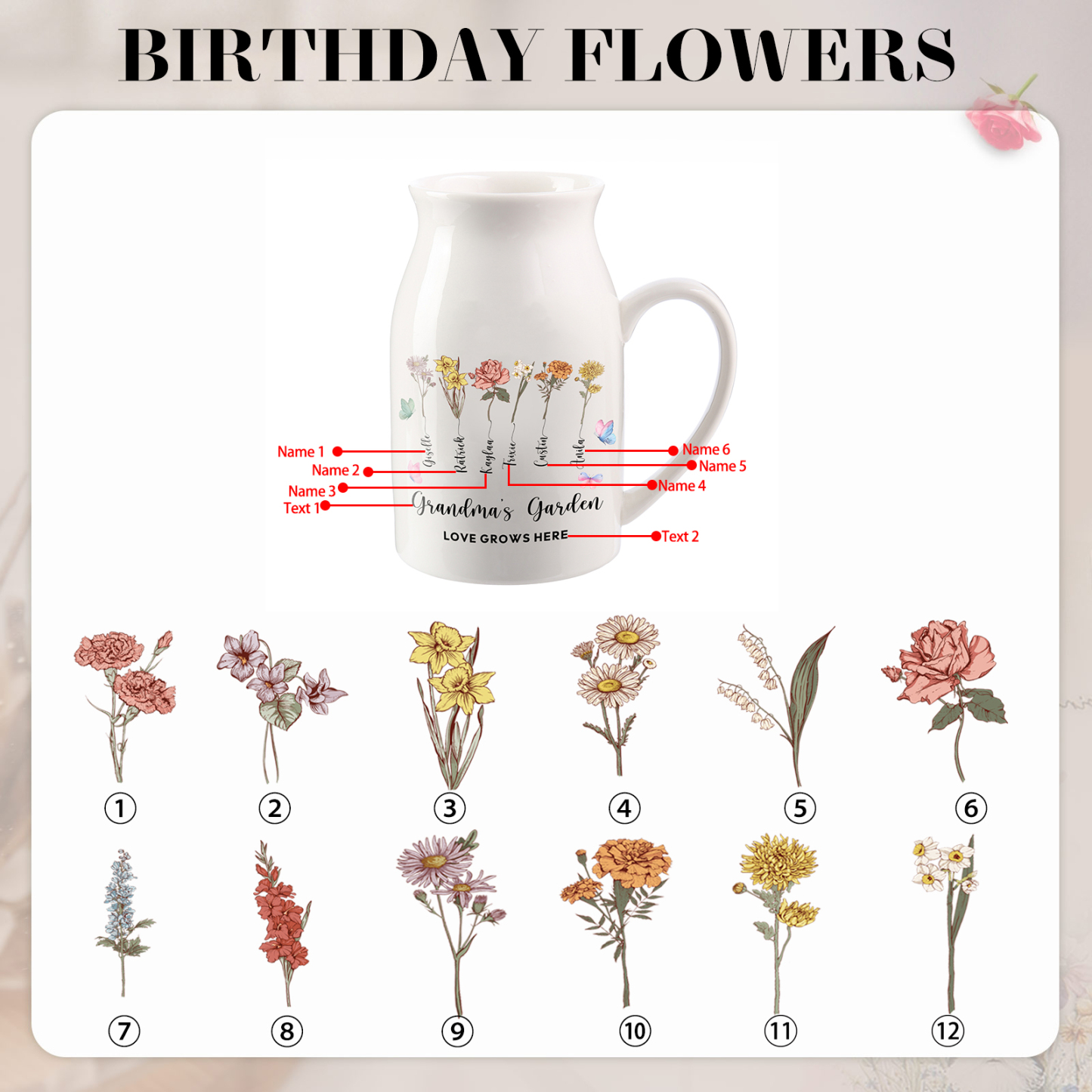 Personalised Ceramic Vase Custom 2 Texts 6 Names & Birthflowers Gift for Mum/Grandma  | Jessemade