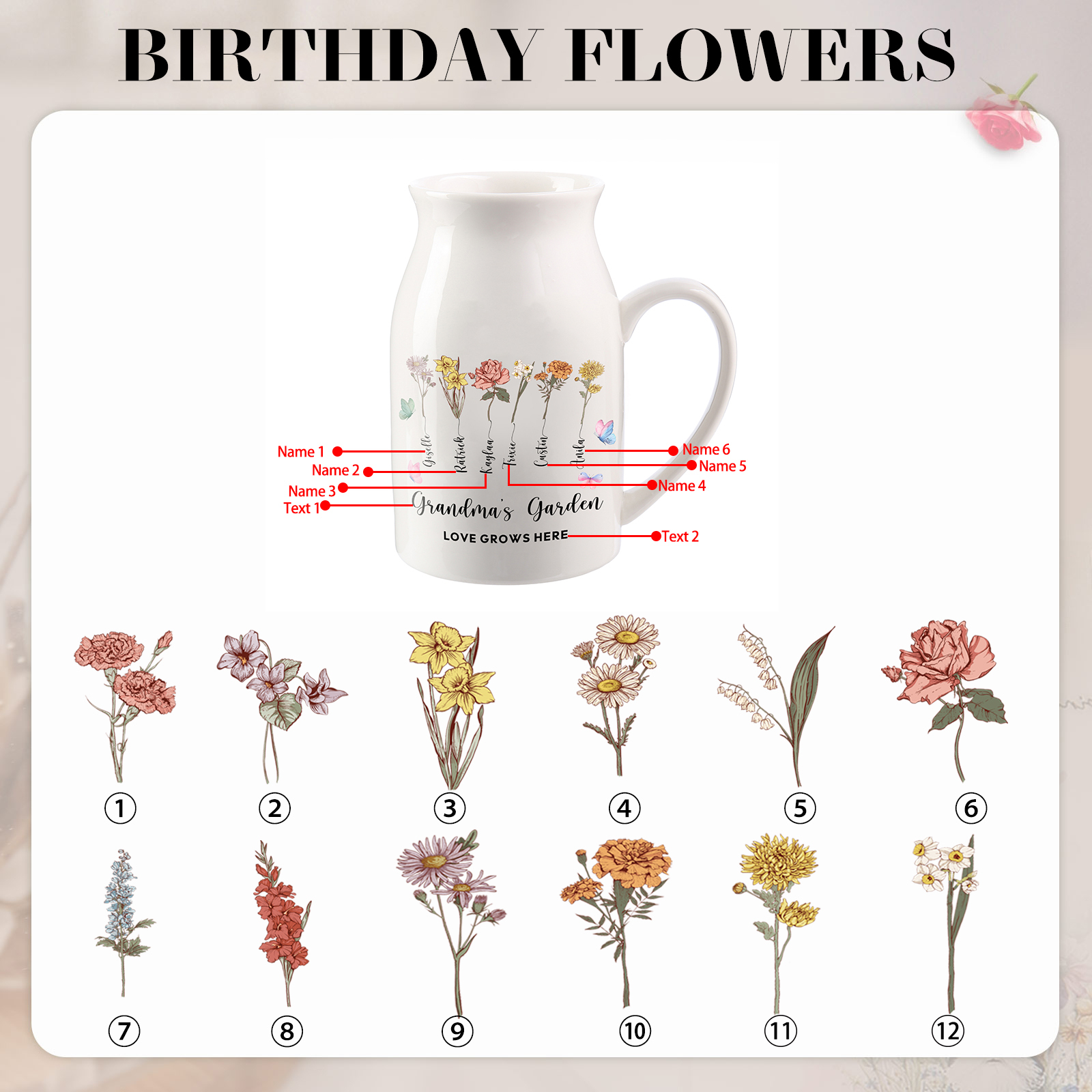 Personalised Ceramic Vase Custom 2 Texts 6 Names & Birthflowers Gift for Mum/Grandma  | Jessemade