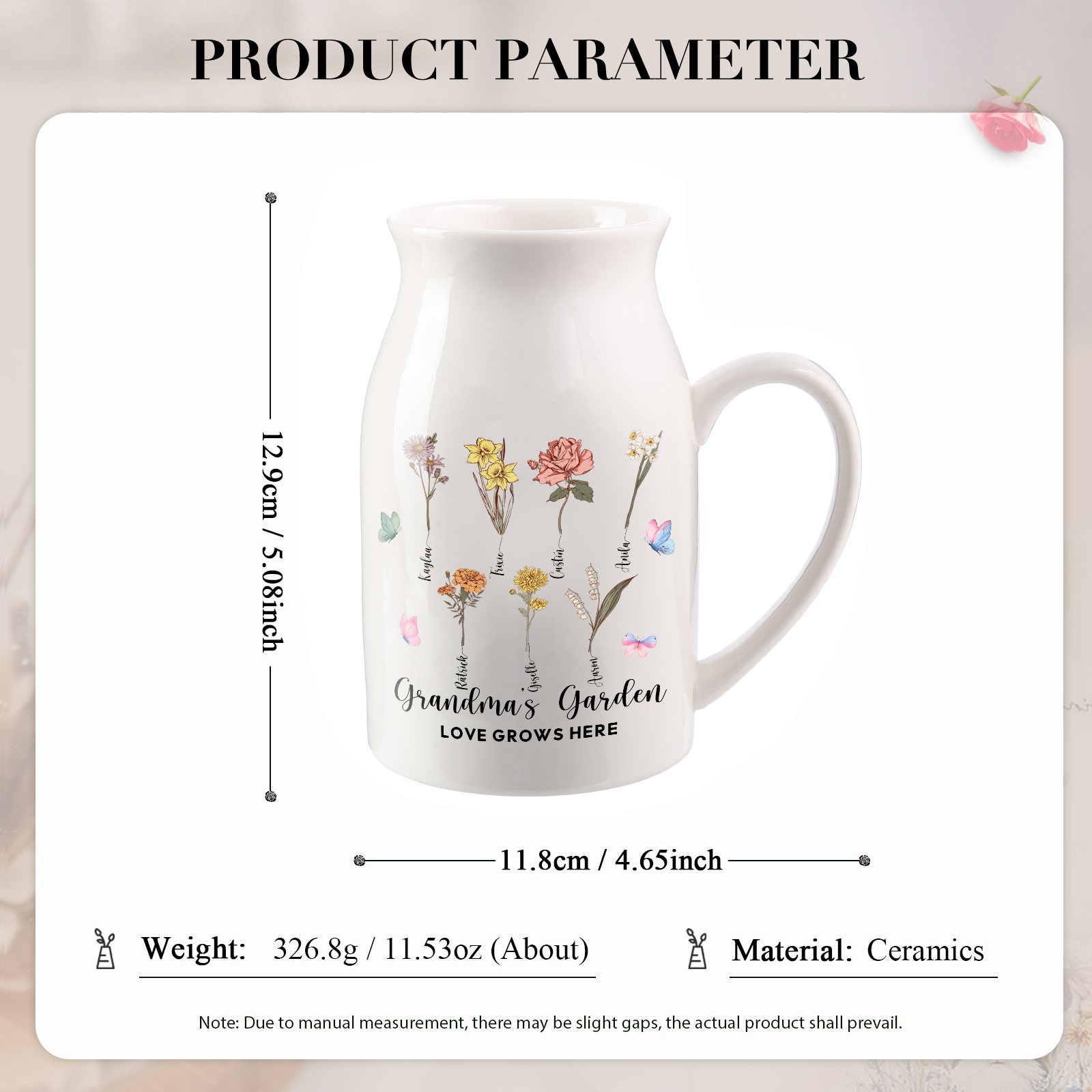 Personalised Ceramic Vase Custom 2 Texts 7 Names & Birthflowers Gift for Mum/Grandma  | Jessemade