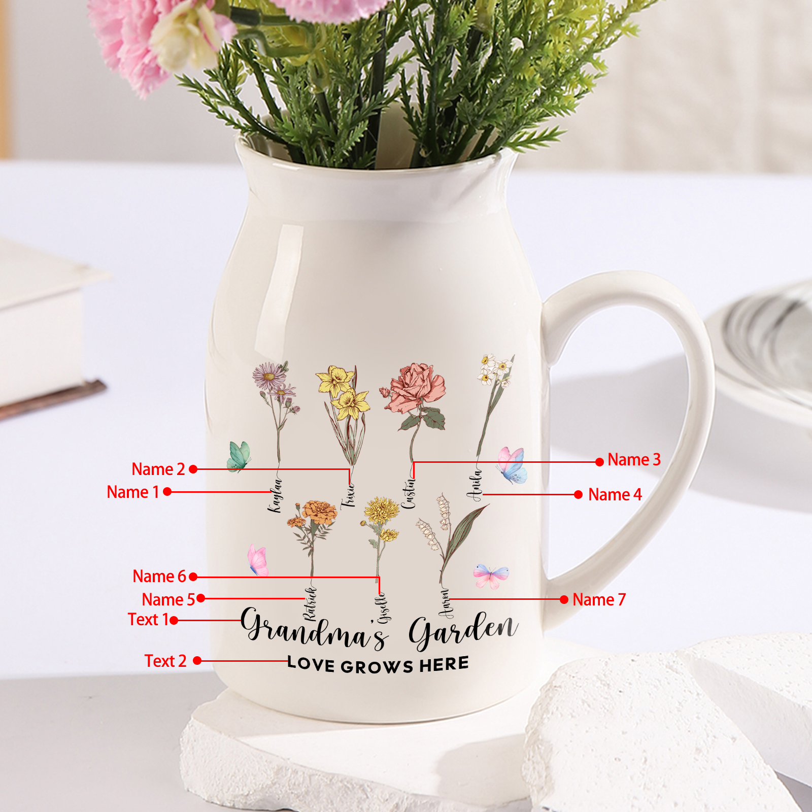 Personalised Ceramic Vase Custom 2 Texts 7 Names & Birthflowers Gift for Mum/Grandma  | Jessemade