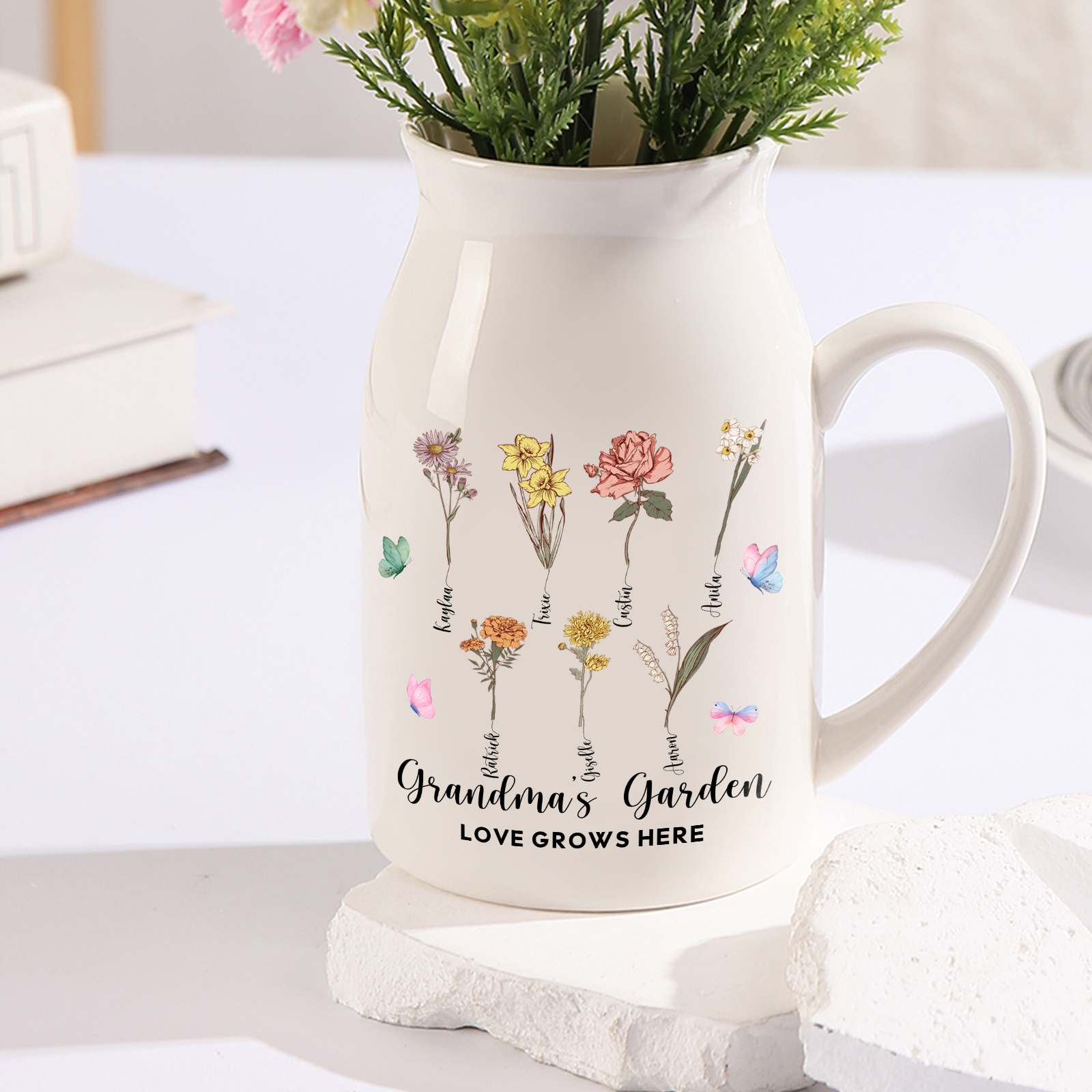 Personalised Ceramic Vase Custom 2 Texts 7 Names & Birthflowers Gift for Mum/Grandma  | Jessemade