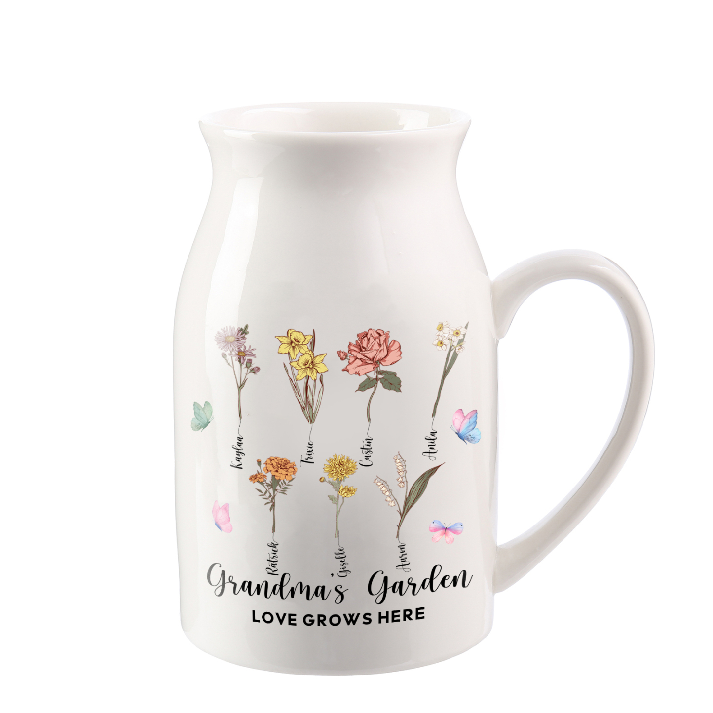 Personalised Ceramic Vase Custom 2 Texts 7 Names & Birthflowers Gift for Mum/Grandma  | Jessemade