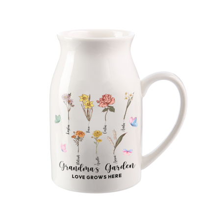 Personalised Ceramic Vase Custom 2 Texts 7 Names & Birthflowers Gift for Mum/Grandma  | Jessemade