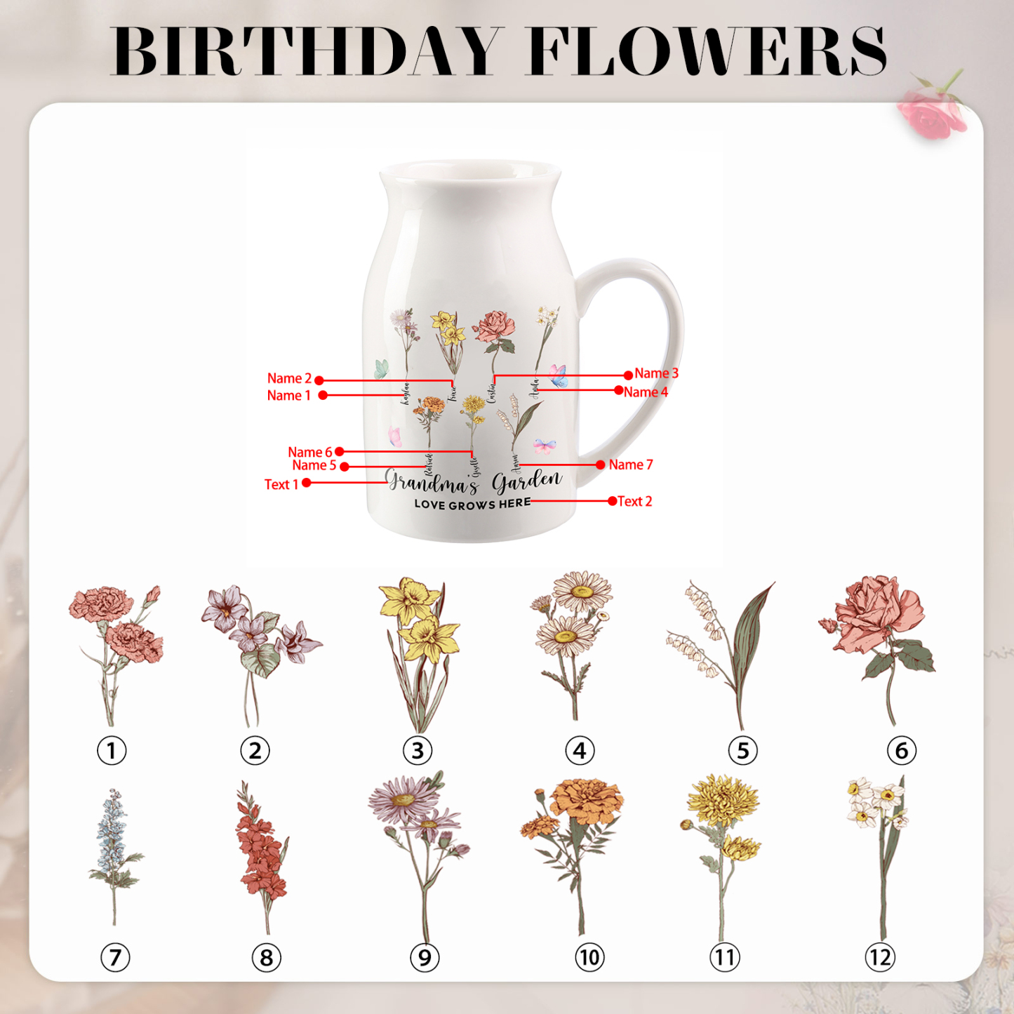 Personalised Ceramic Vase Custom 2 Texts 7 Names & Birthflowers Gift for Mum/Grandma  | Jessemade