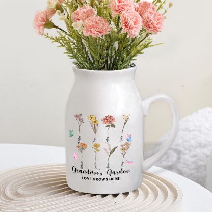 Personalised Ceramic Vase Custom 2 Texts 8 Names & Birthflowers Gift for Mum/Grandma  | Jessemade